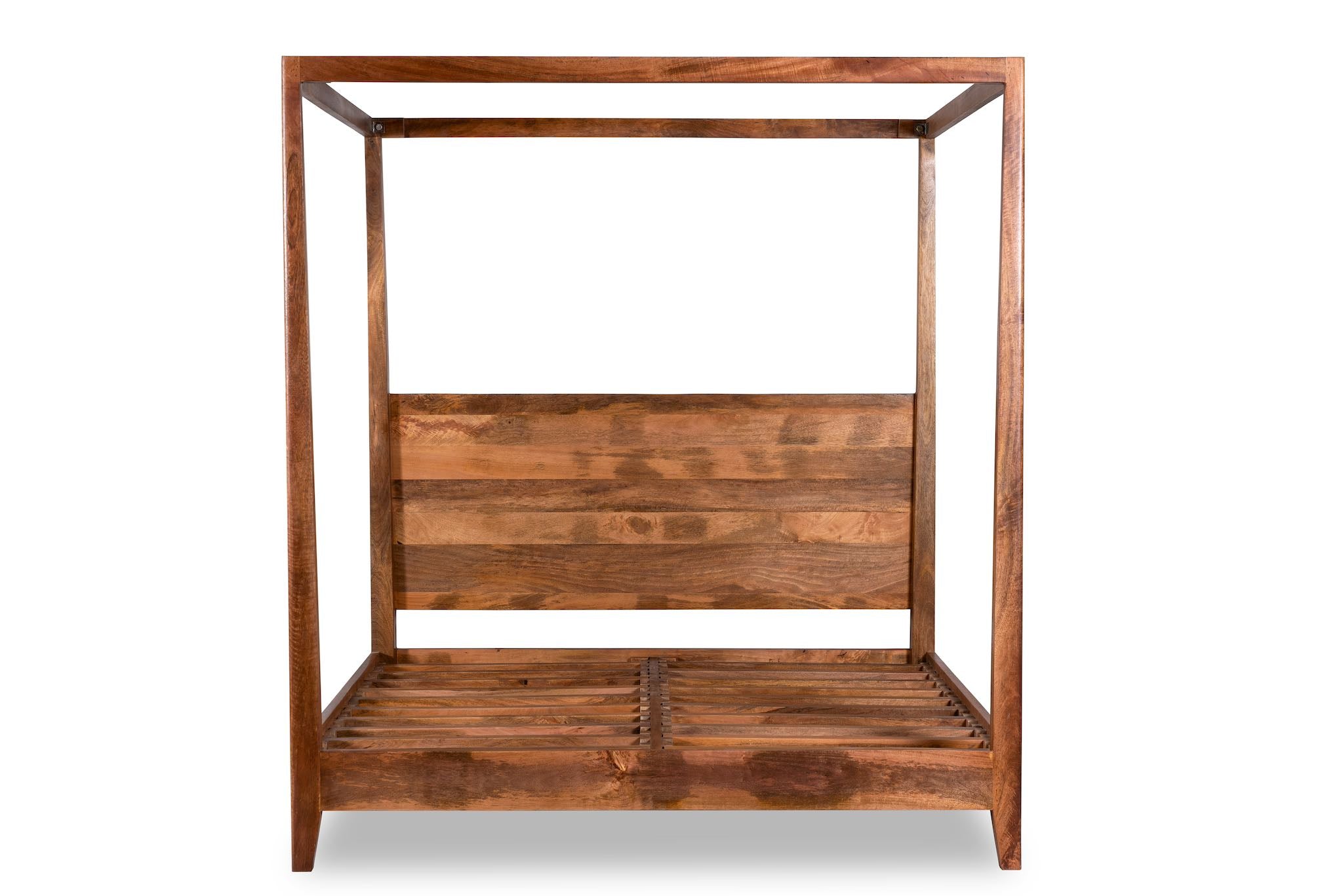 White background image of a handcrafted mango wood canopy bed with minimalist four-poster design, boho bed 180 × 200 cm, bedroom furniture in rustic Mediterranean style.