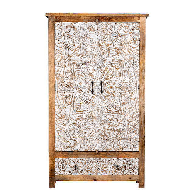 White background image of a Hand-carved mango wood wardrobe with whitewashed floral motifs – Zashil by Om Home & Garden, a Mediterranean-inspired piece of carved wooden furniture.