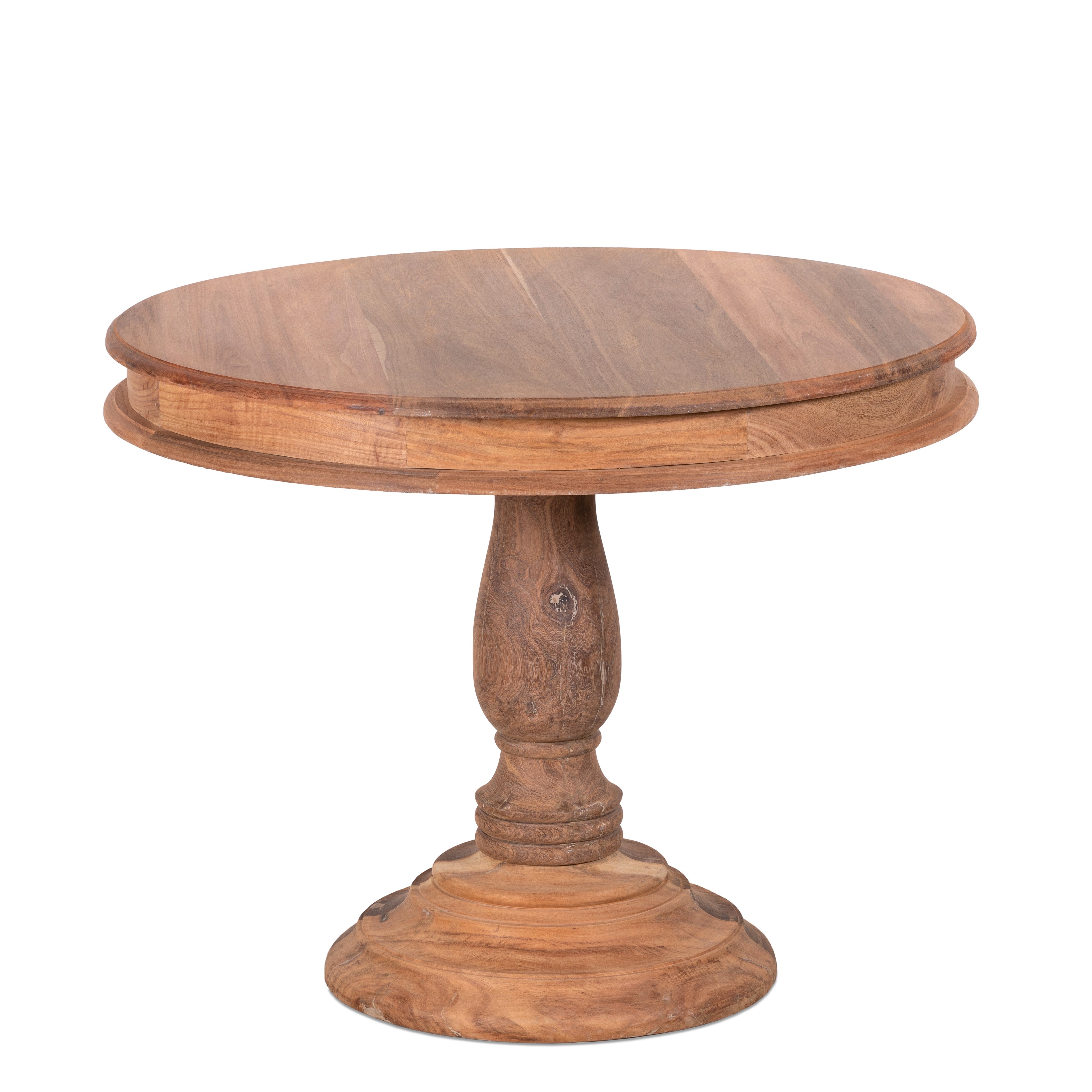White background image of a round solid wood dining table made from reclaimed teak with carved pedestal base; rustic reclaimed teak wood dining table, 100 cm diameter × 78 cm height.