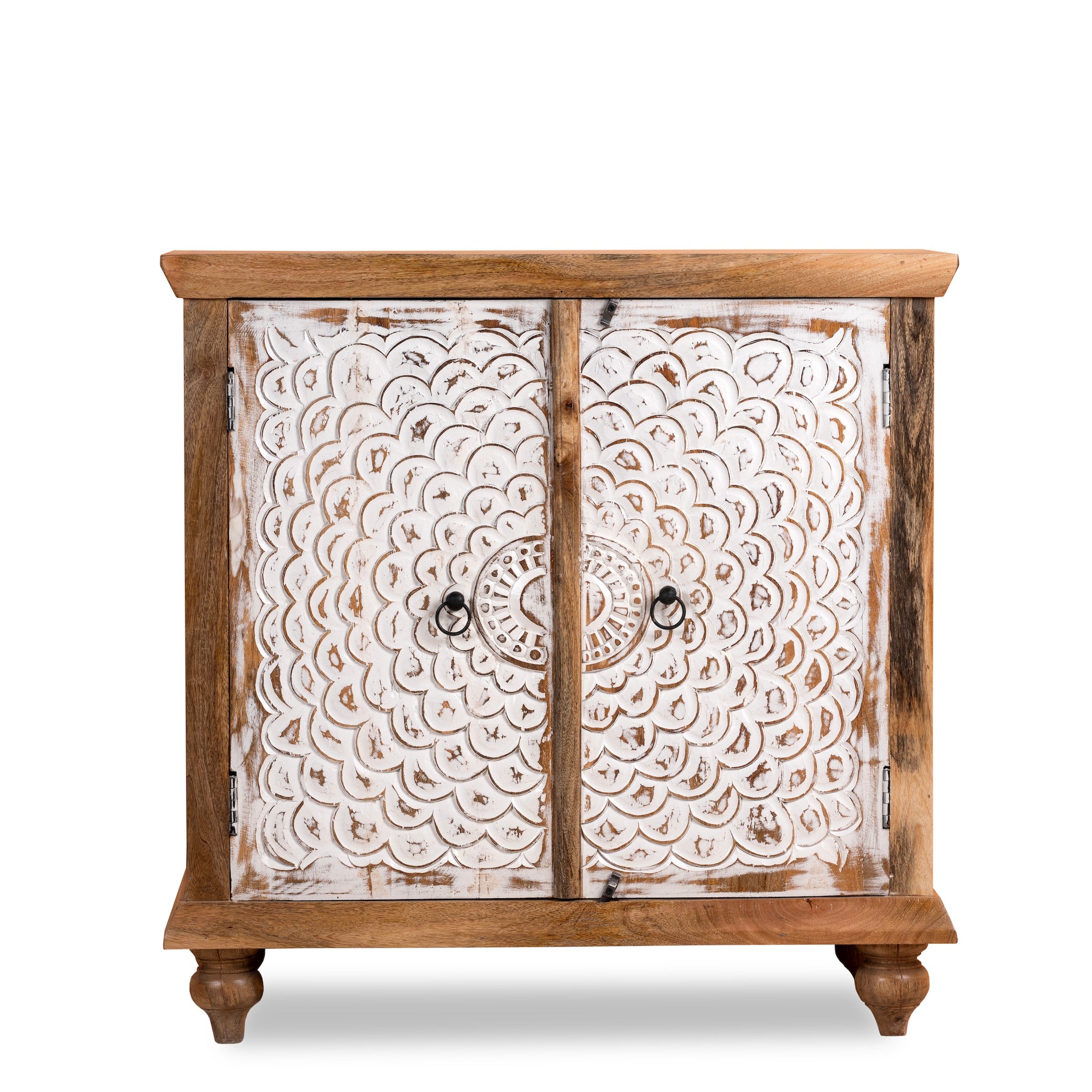 White background image of a carved wood furniture cupboard with white-washed engraved doors and mango wood body, 90 × 90 × 40 cm.