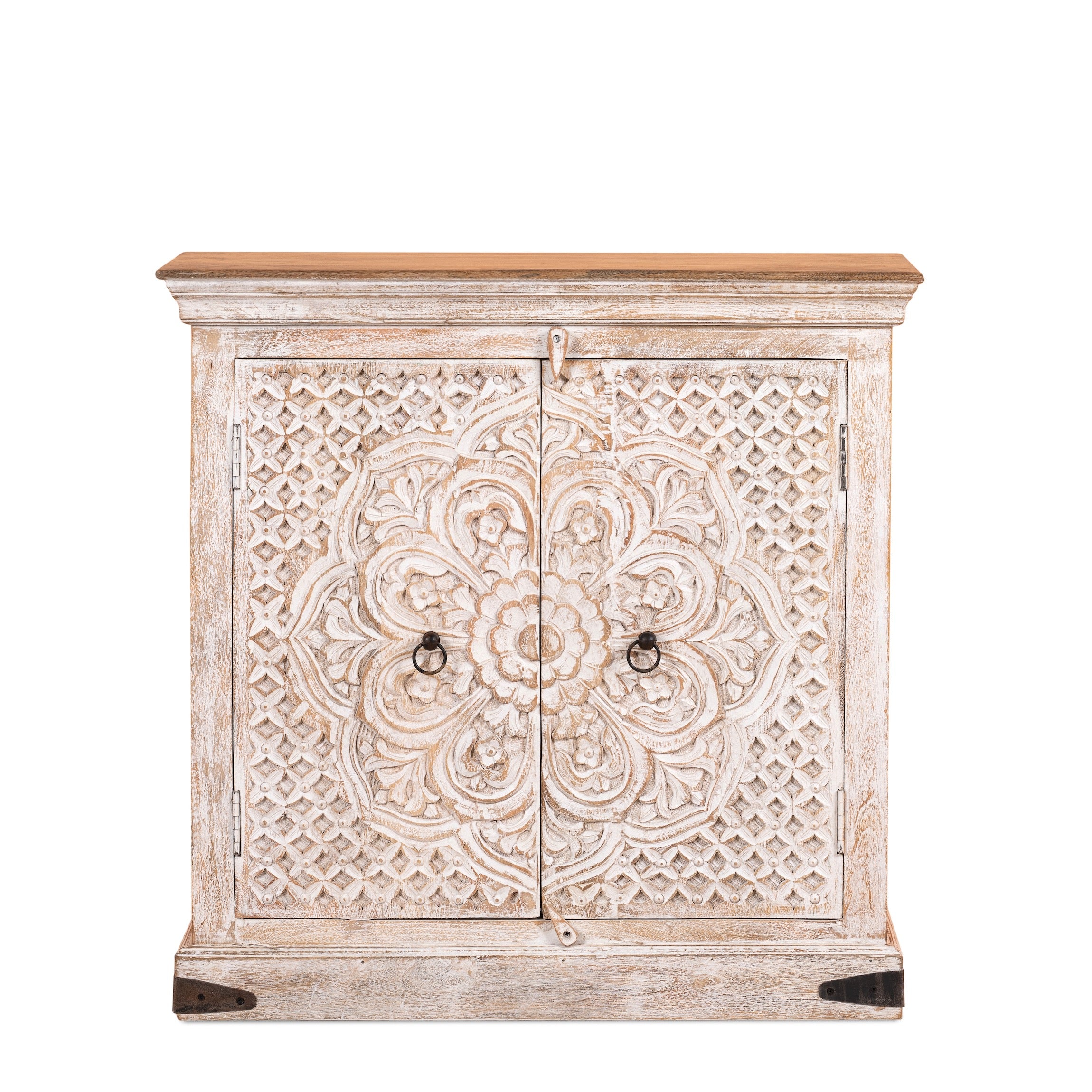 White background image of a whitewashed mango wood sideboard with hand-carved floral patterns; compact carved sideboard for vintage interiors, 90 × 90 × 40 cm.