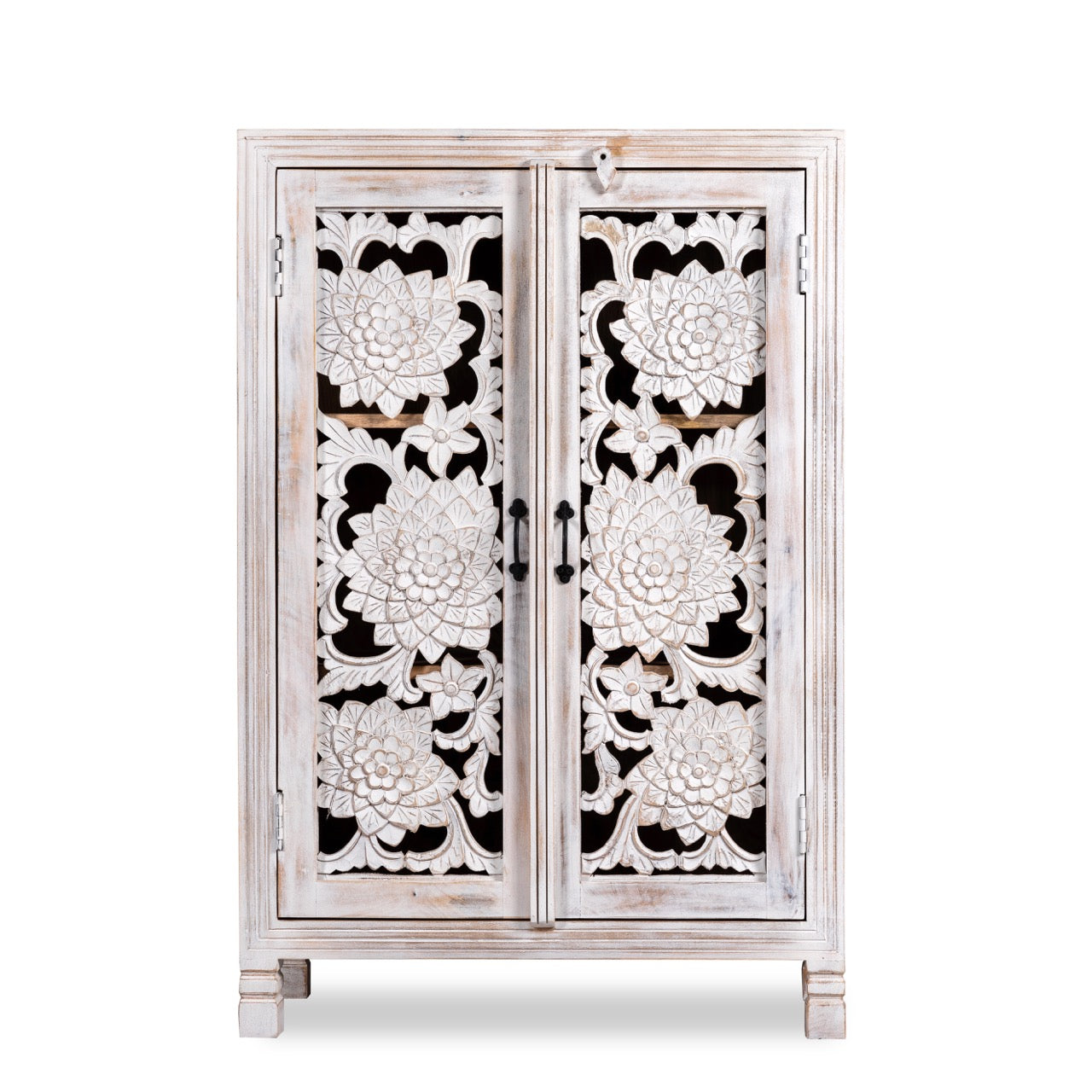 White background image of a white washed mango wood cabinet with three compartments and hand‑carved floral doors, vintage style, 75 × 40 × 120 cm.