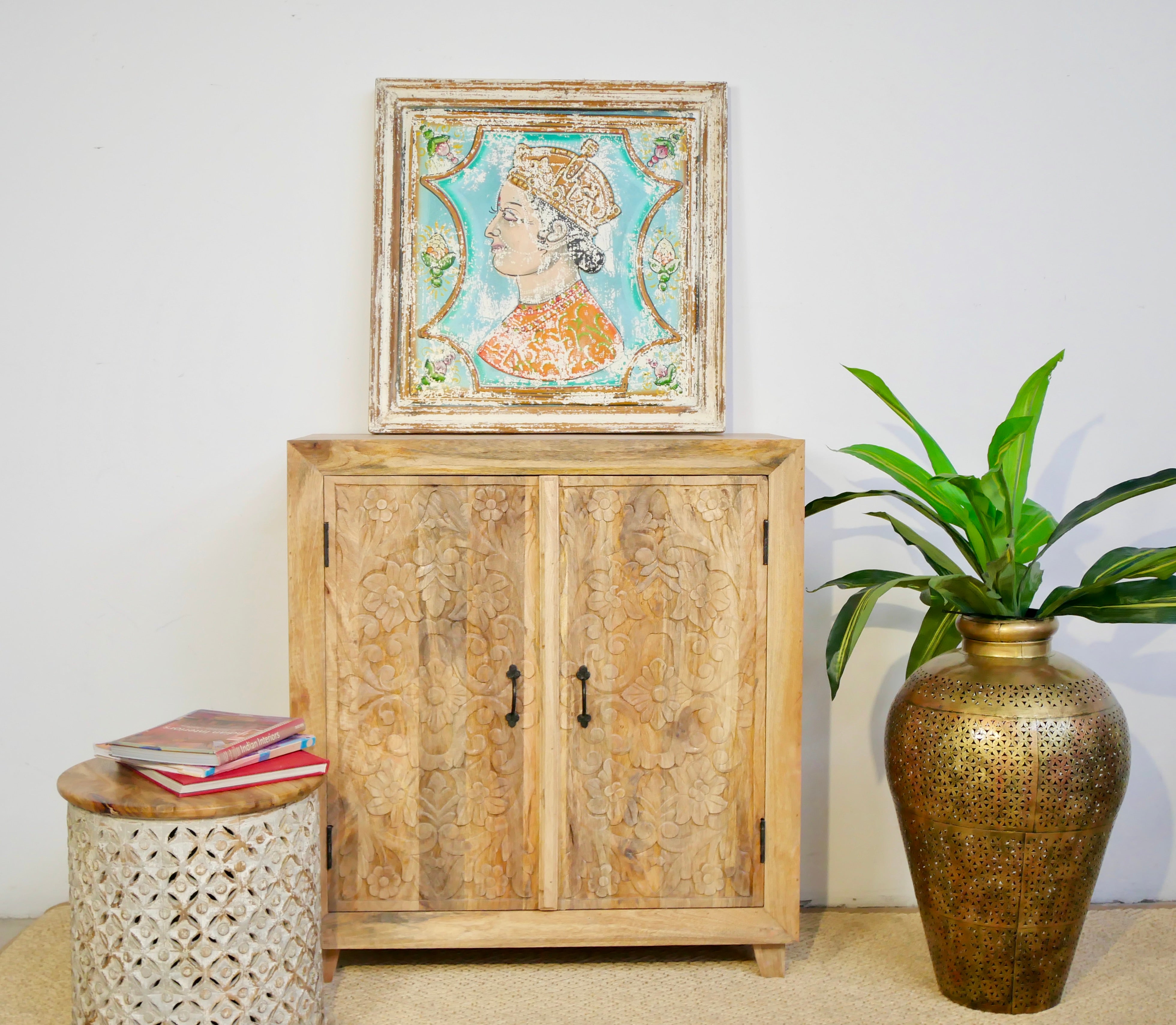 Carved wood furniture cabinet made from solid mango wood, hand-carved floral design, Mediterranean-style, 90 × 97 × 40 cm.