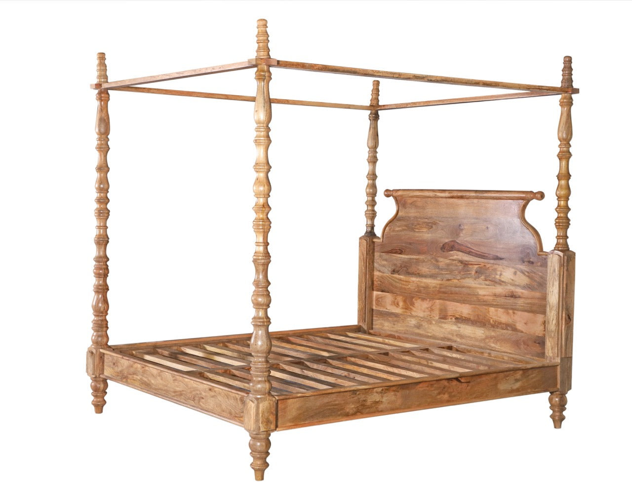 White background image of a handcrafted four poster boho bed Bistar in solid mango wood, Mediterranean-inspired artisanal bedroom furniture, 190 × 200 cm.