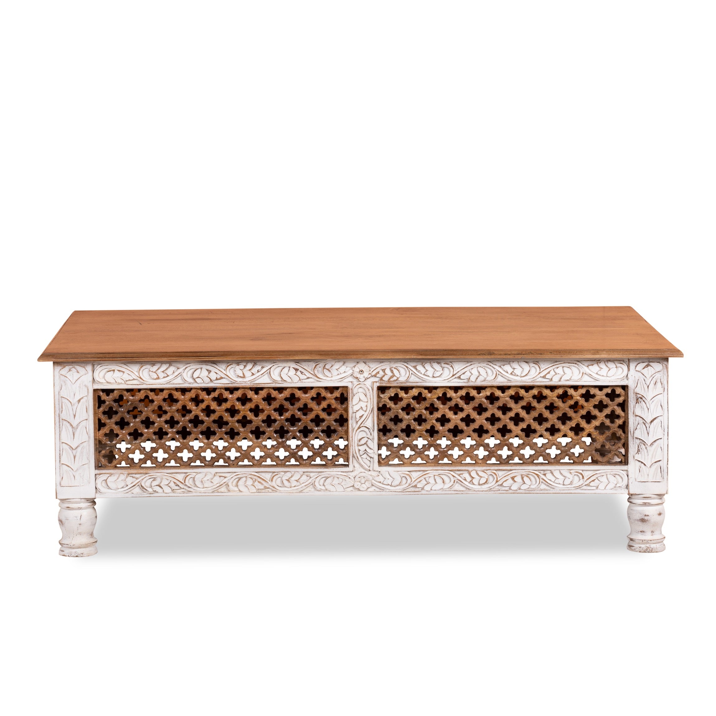 White background image of a hand carved mango wood coffee table with floral frame detailing; rustic natural finish, 140 × 90 × 46 cm.
