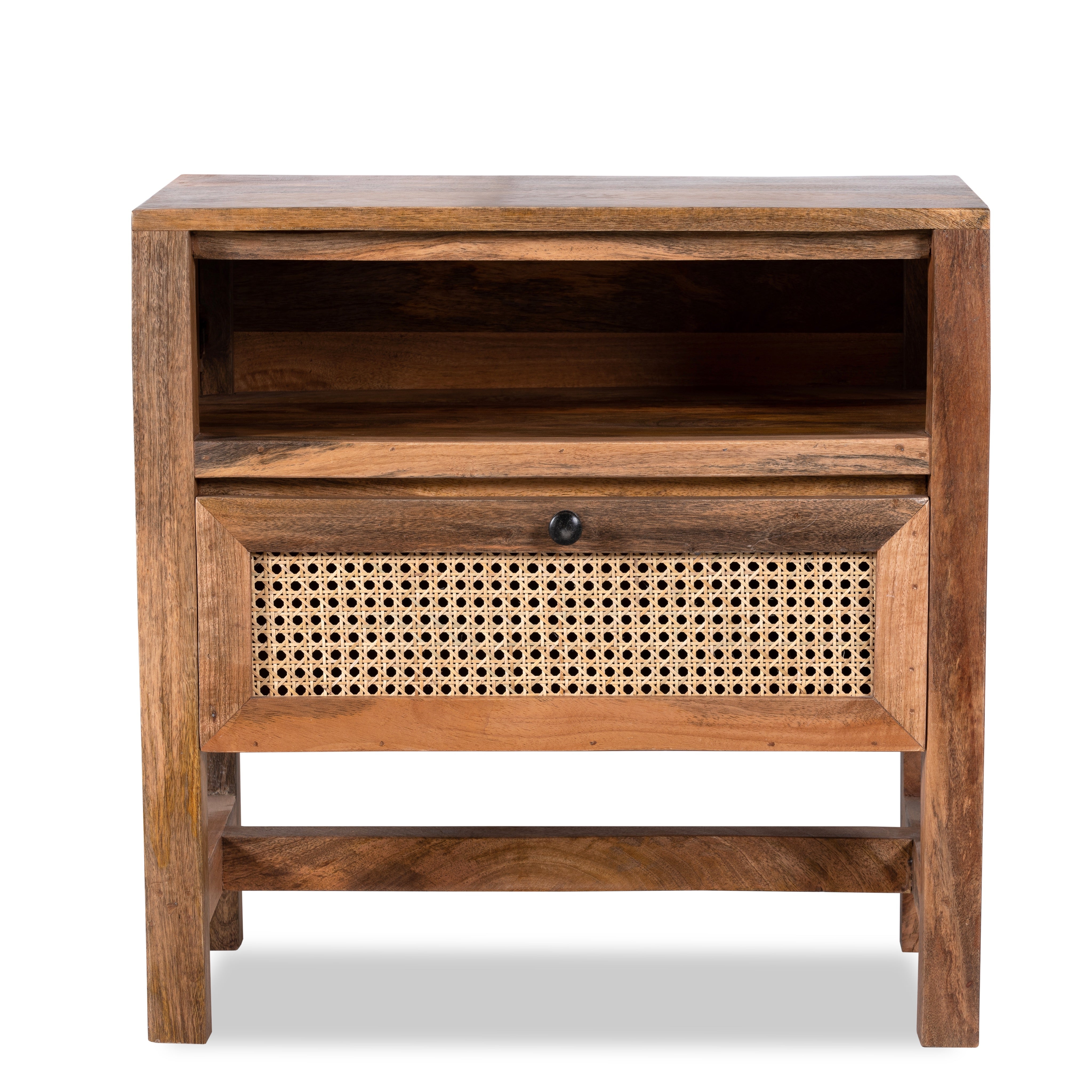 White background image of a mango wood bedside table with rattan insert, handcrafted rattan furniture; durable mango wood furniture, 60 × 60 × 40 cm.