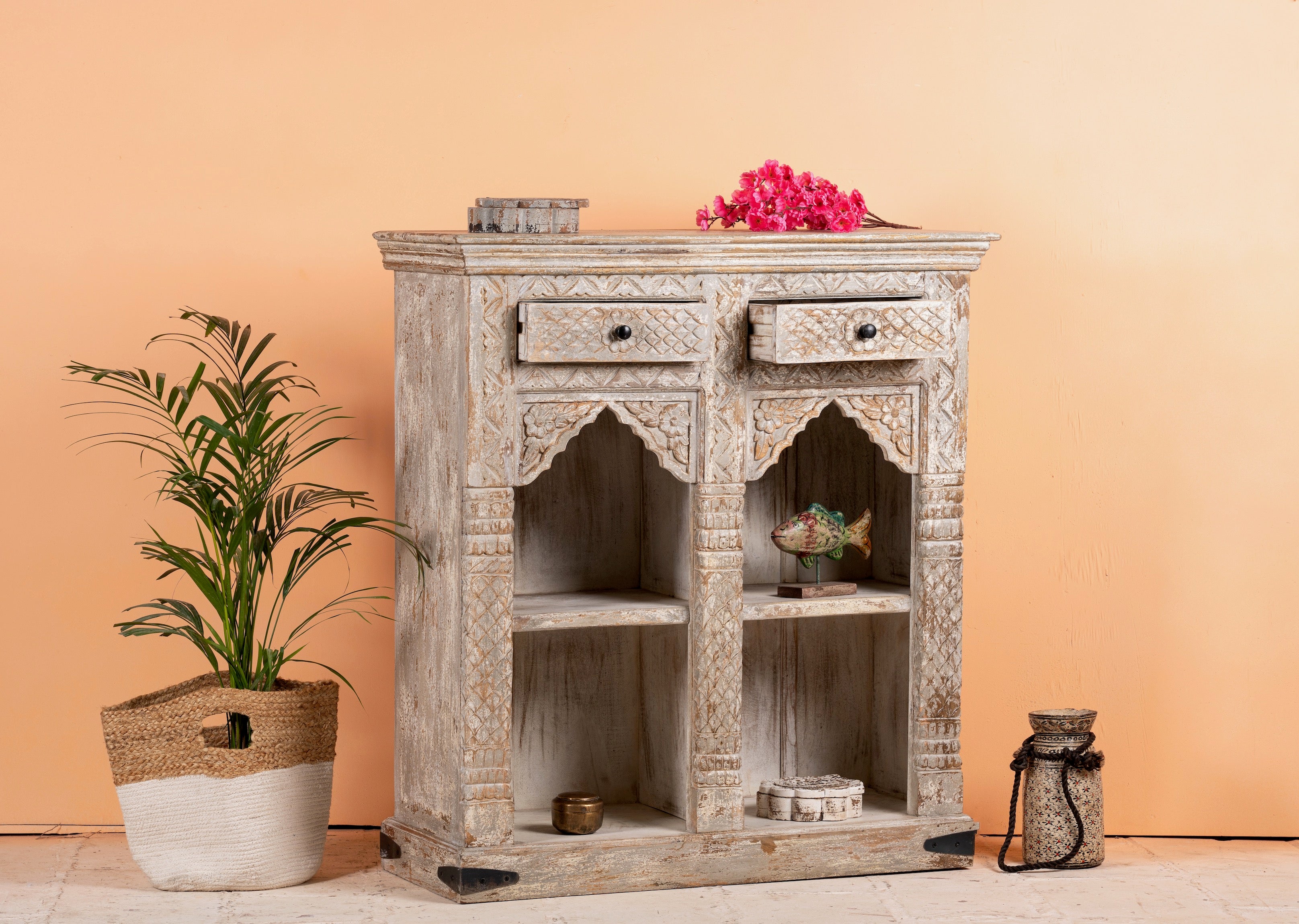 Side angle image with open drawer of a handcrafted mango wood shelving unit with balanced square design – vintage home accessories display shelf with natural wood finish and artistic expression.