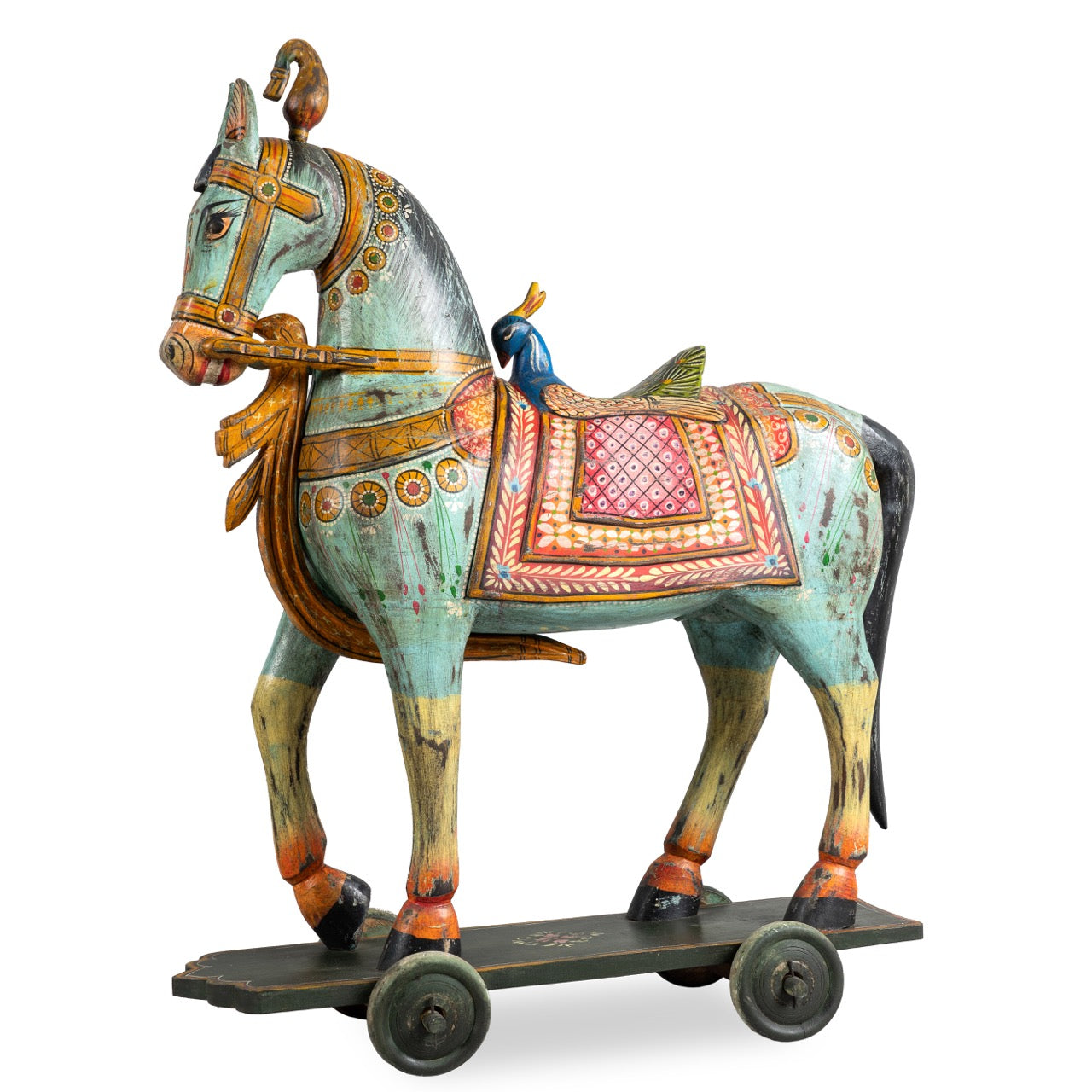 Wite background image of a large hand-painted Indian wooden horse sculpture on wheels – Rajasthani mango wood decor piece, ideal as artistic Indian home accessory, 110x90x30cm.