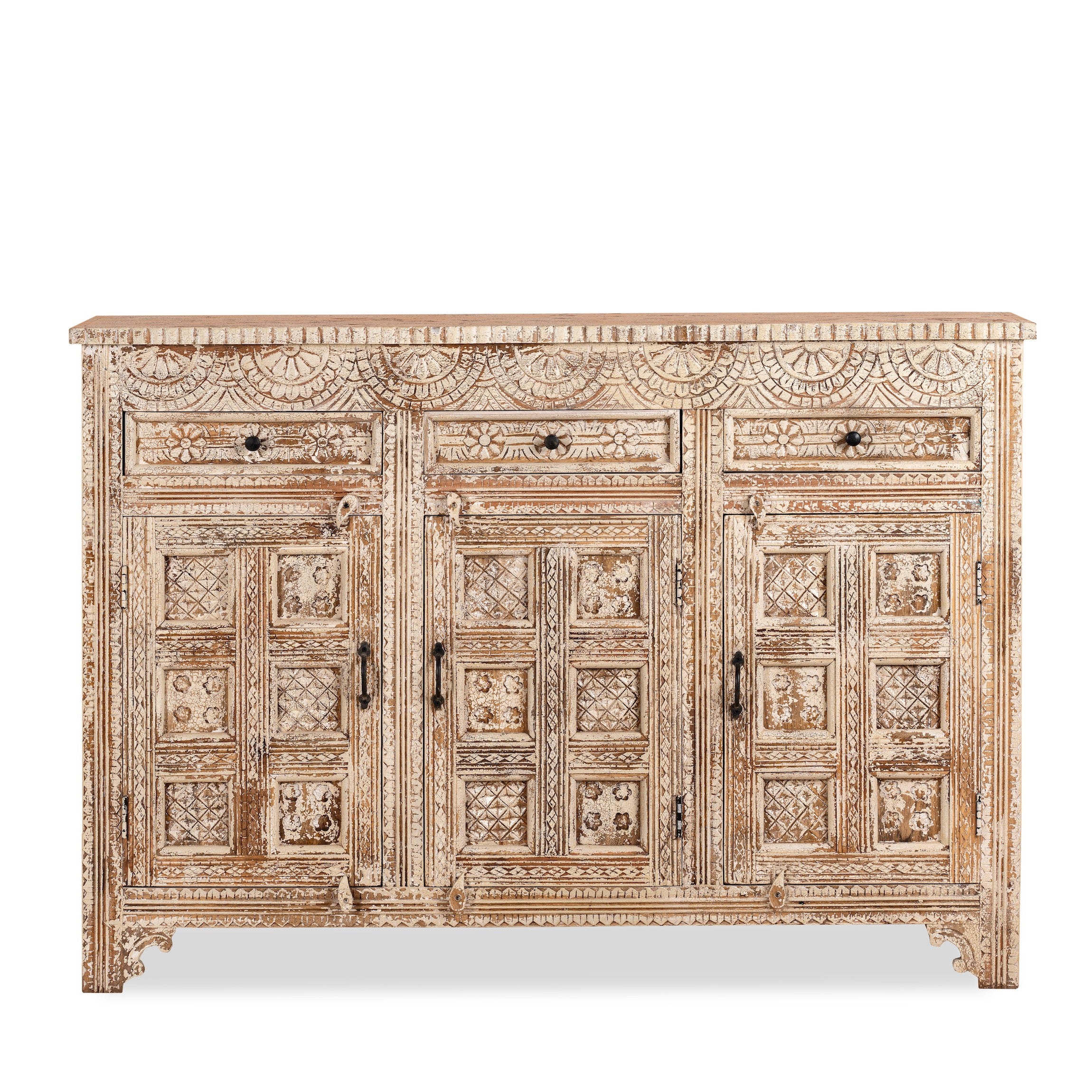 White background image of a hand-carved mango wood cabinet with three drawers and vintage distressed finish; ideal for mango wood furniture lovers and vintage home decor, 150 × 110 × 40 cm.