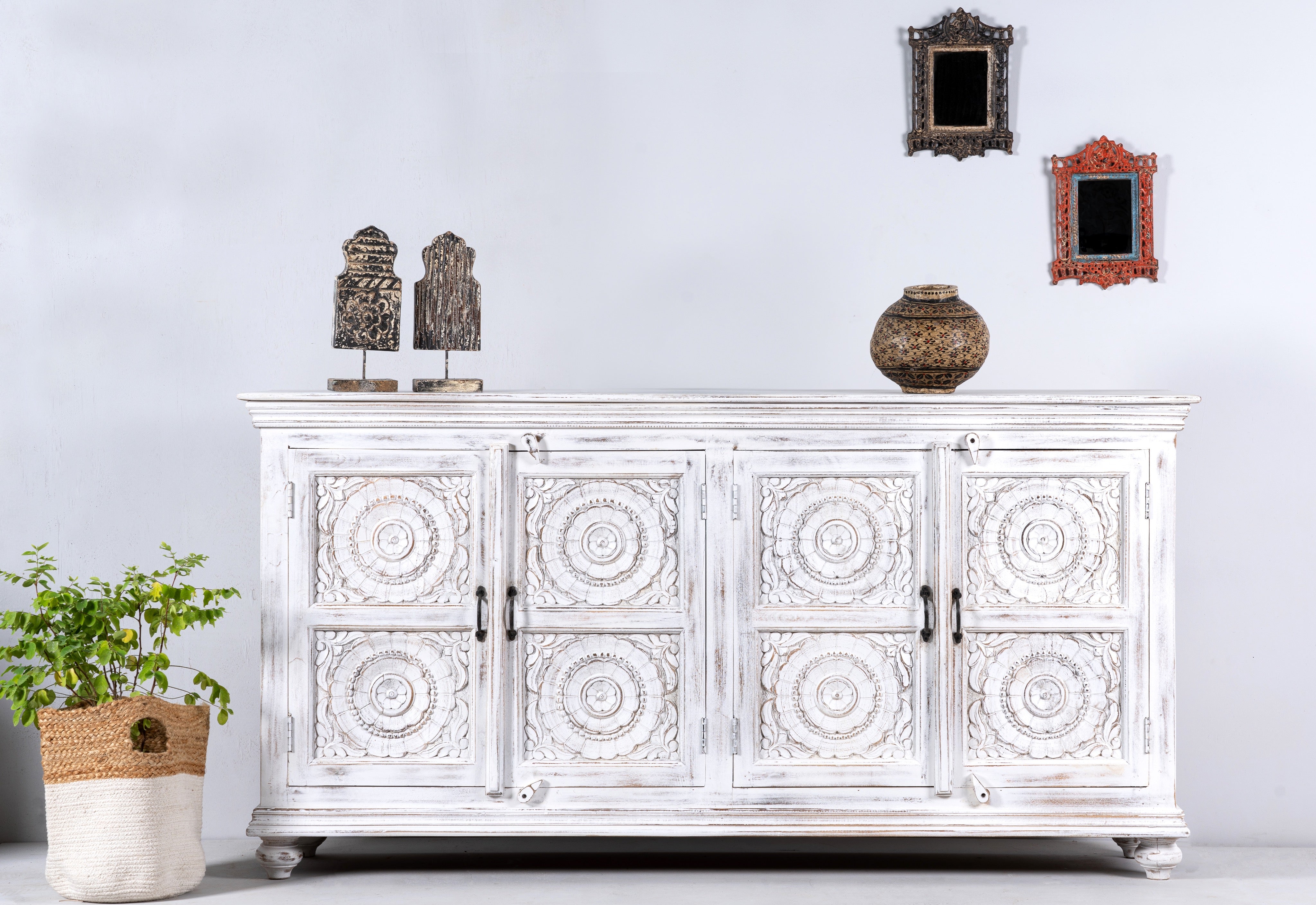 Mango wood sideboard with hand-carved floral mandala doors; ideal for vintage home decor and mango wood furniture, 180 × 90 × 40 cm.