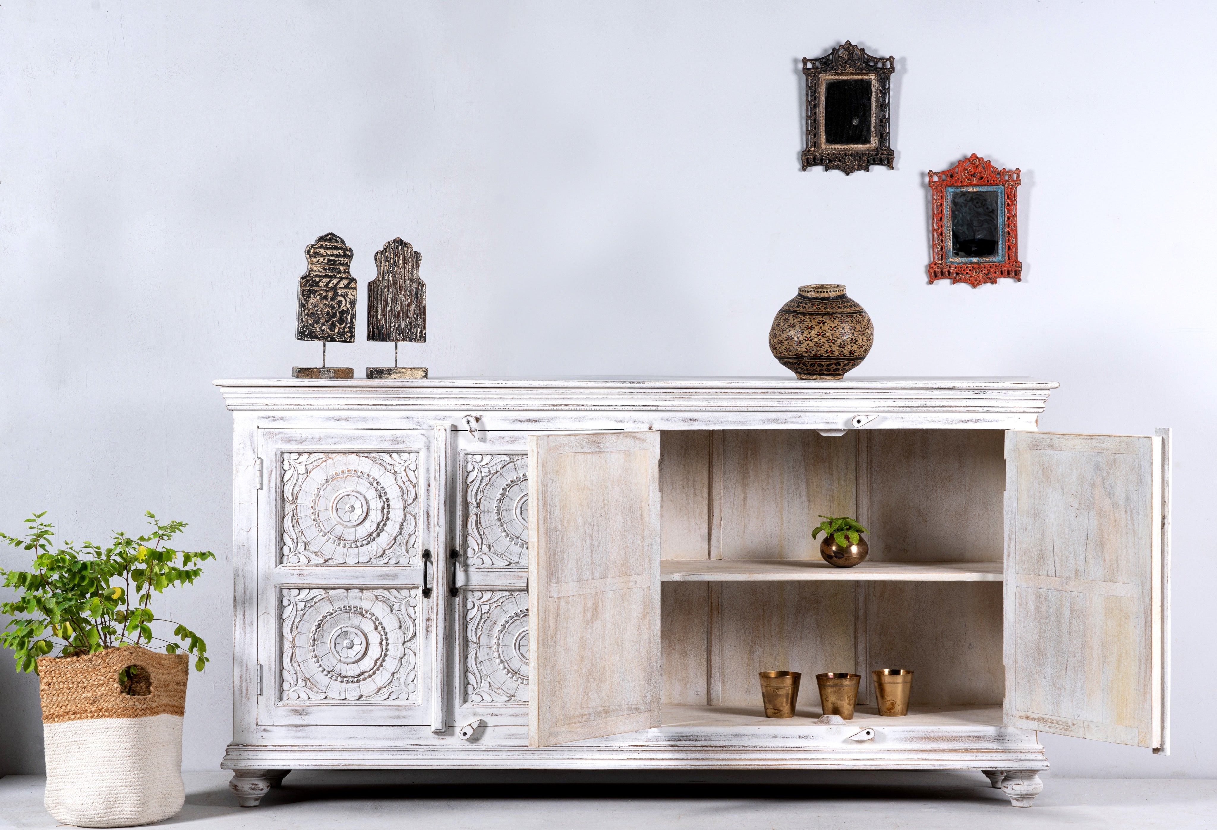 Open door image of a mango wood sideboard with hand-carved floral mandala doors; ideal for vintage home decor and mango wood furniture, 180 × 90 × 40 cm.