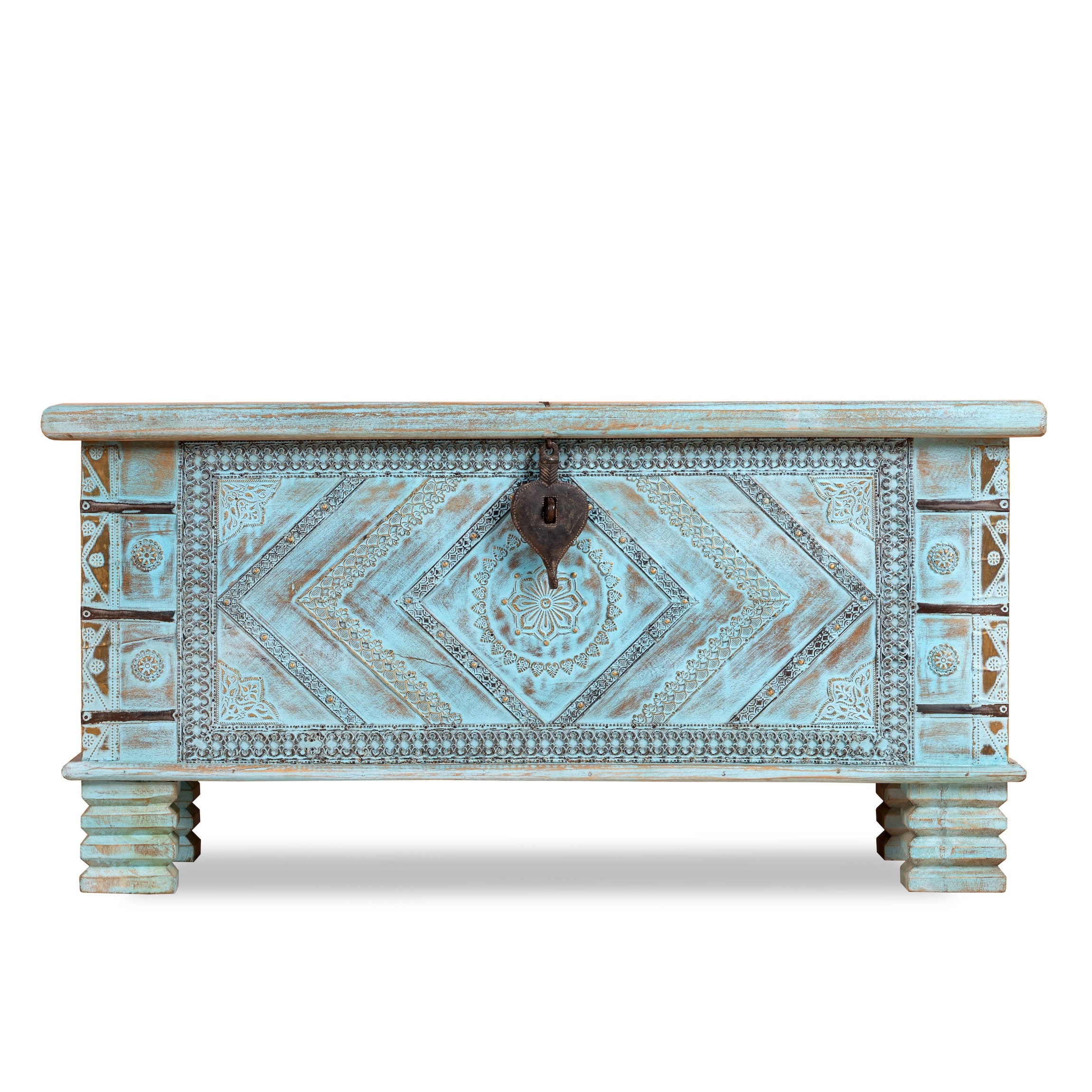 White background image of a blue hand-carved mango wood chest with floral and geometric carvings – wood chest box perfect for boho style storage or decorative accent.