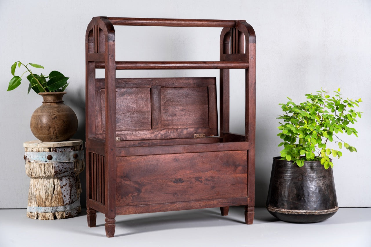 Decorated reclaimed teak wood towel stand with dark brown finish and laundry storage; rustic bathroom furniture, 100 × 30 × 76 cm.