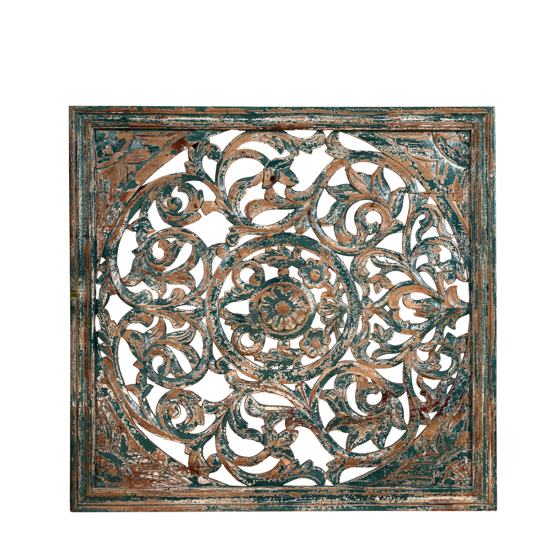 White background image of a Nadya carved wooden wall panel made from mango wood with intricate floral carving—an elegant wooden wall decoration with natural texture and artisan detail.