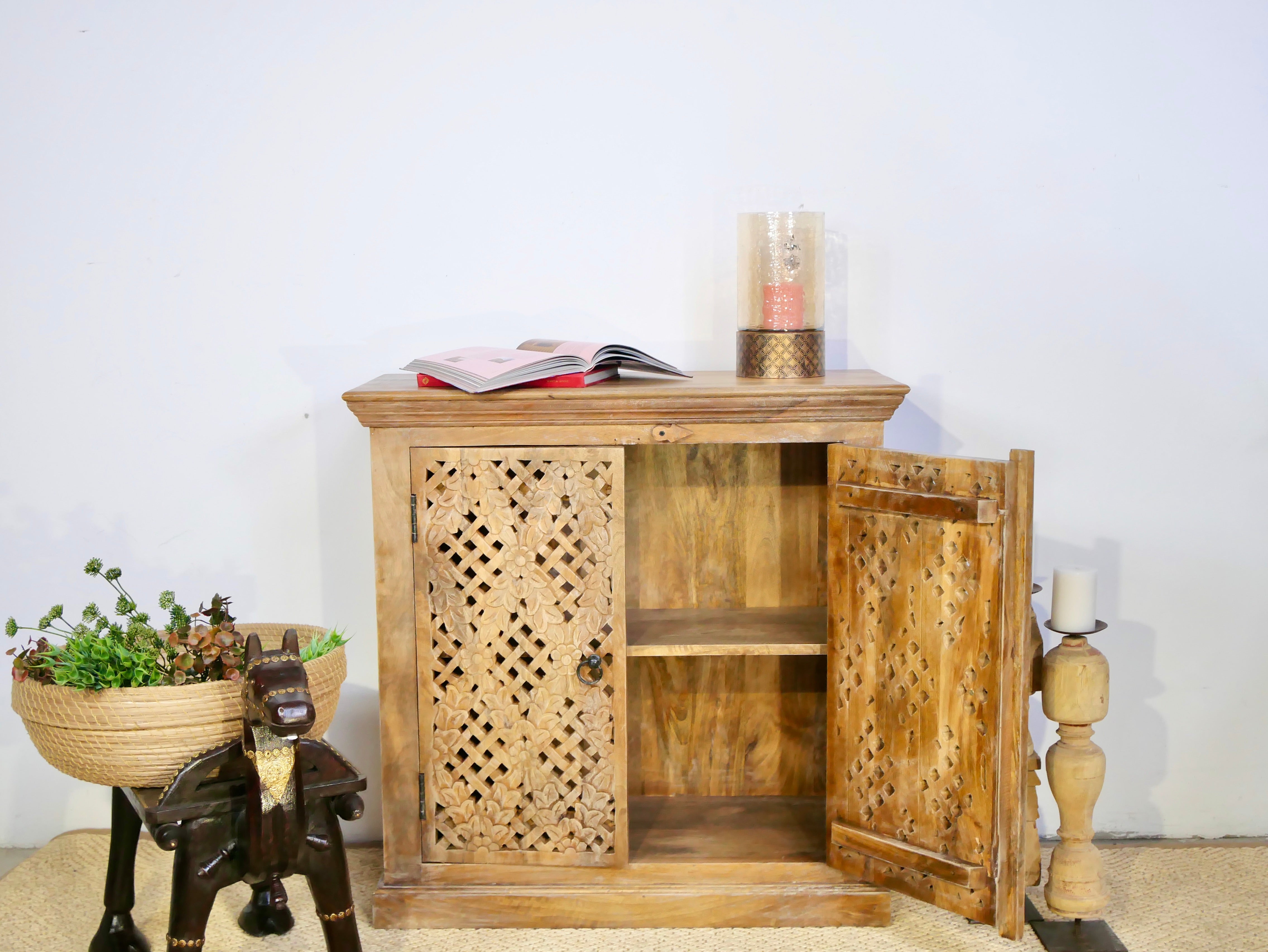 Open door image of a hand-carved wood furniture made from solid mango wood, Mediterranean-style cabinet with Indian carvings, 90 × 90 × 40 cm.