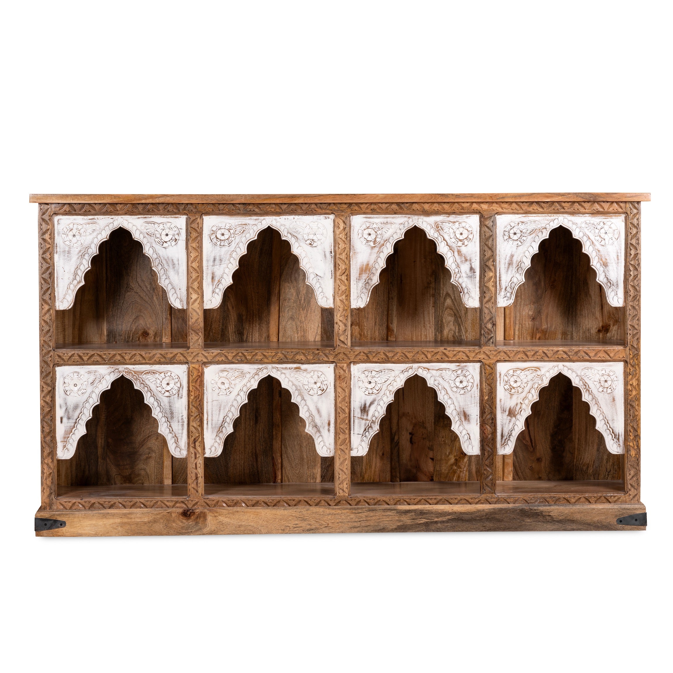 White background image of a hand-carved mango wood console table with floral patterns and whitewashed arches; ideal as entryway table vintage or carved console table, 200 × 110 × 37 cm.