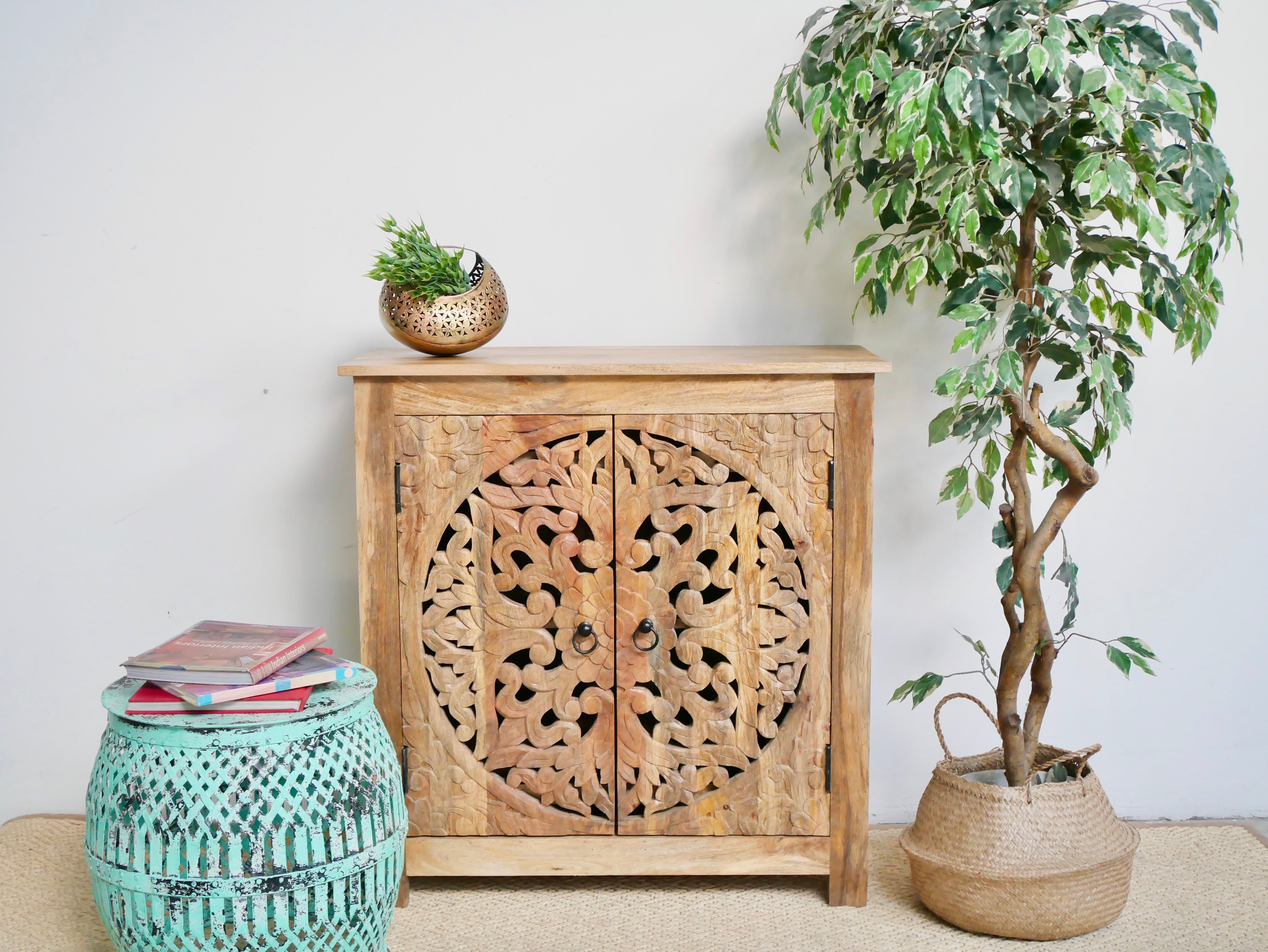 Carved wood furniture cabinet made from solid mango wood, Mediterranean-style with Indian floral carvings, 90 × 90 × 40 cm.