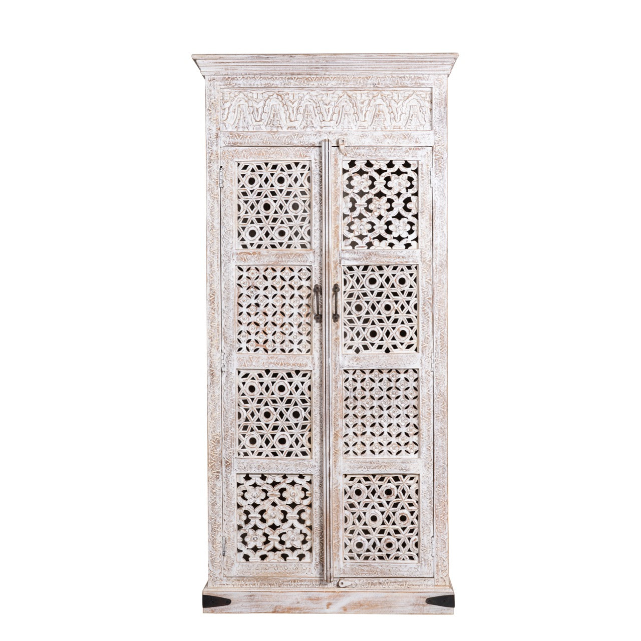 White background image of a hand-carved mango wood wardrobe with whitewashed finish, bedroom furniture wooden wardrobe with floral and geometric lattice doors, 90 × 190 × 40 cm.