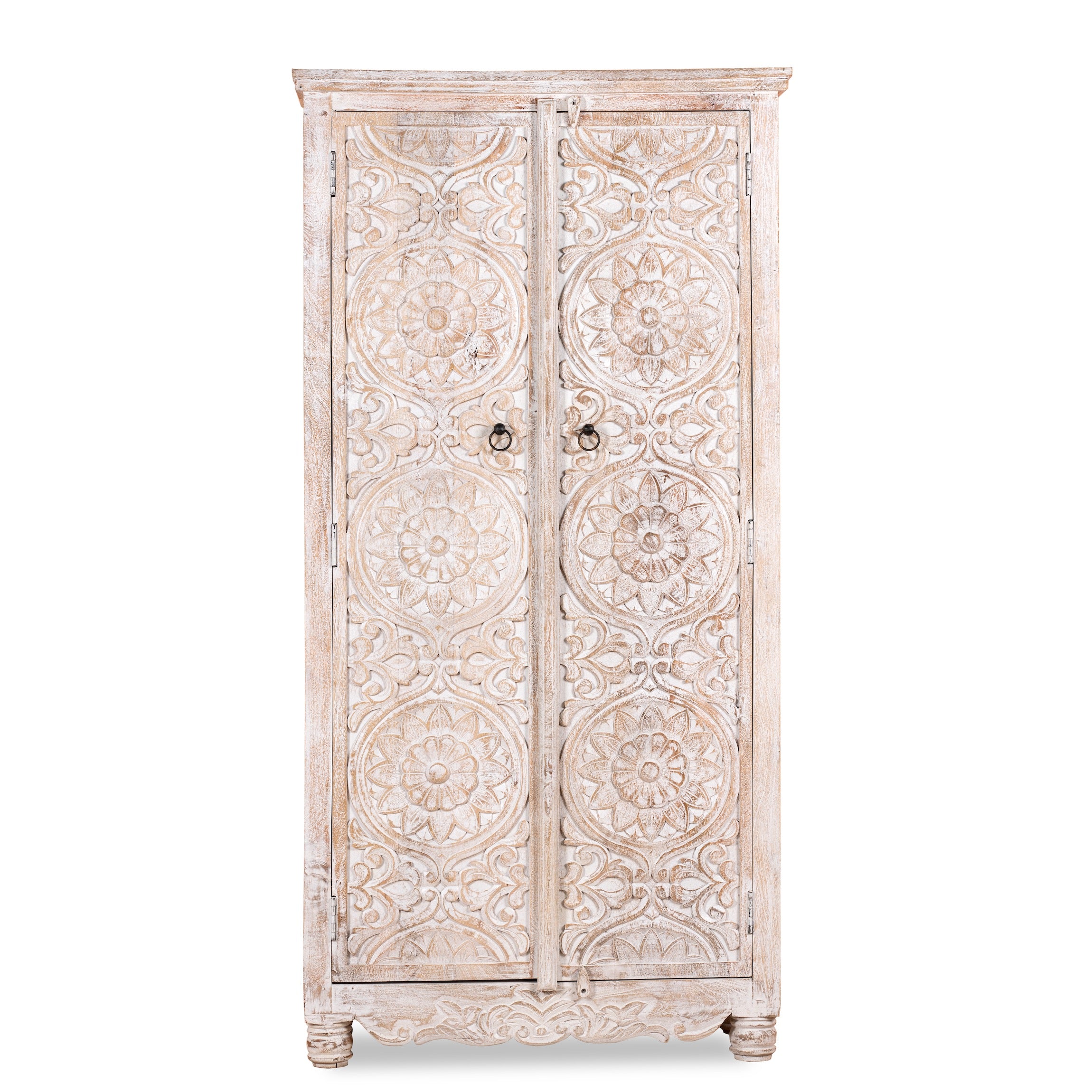 White background image of a hand-carved mango wood wardrobe with whitewashed finish; wooden wardrobe perfect for living room furniture or bedroom storage, 180 × 90 × 40 cm.
