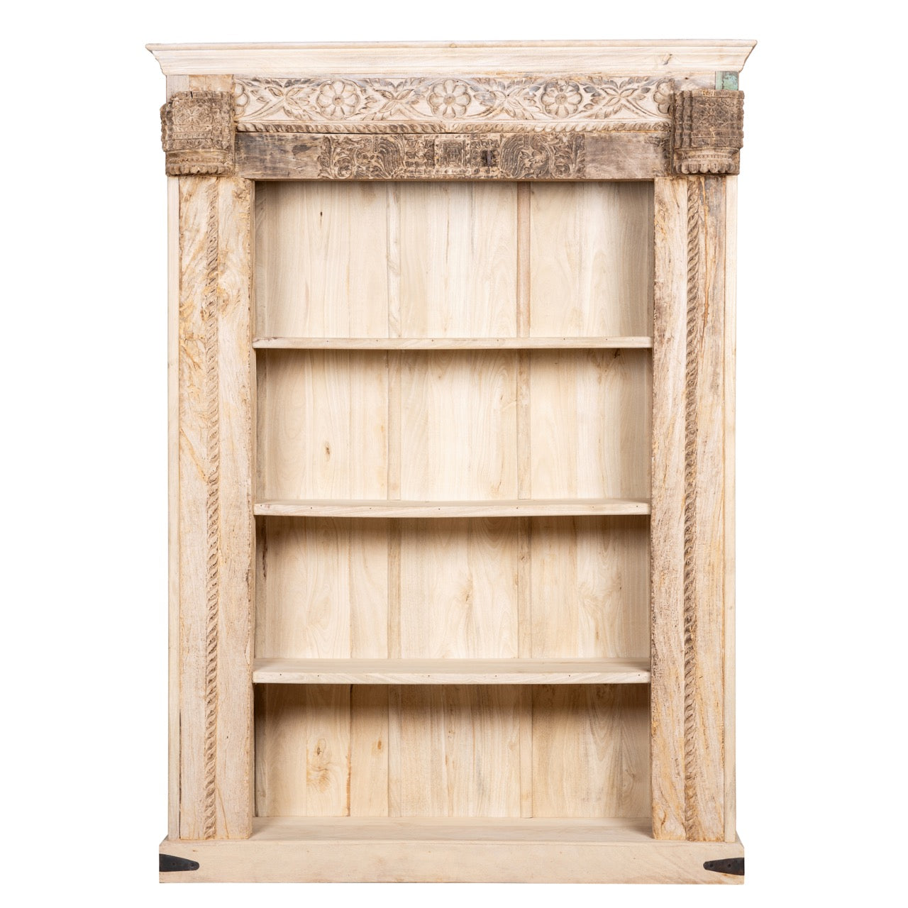 White background image of a hand-carved shelf made from reclaimed teak wood and mango wood, unique furniture with Ibiza-inspired finish, 150 × 208 × 52 cm.