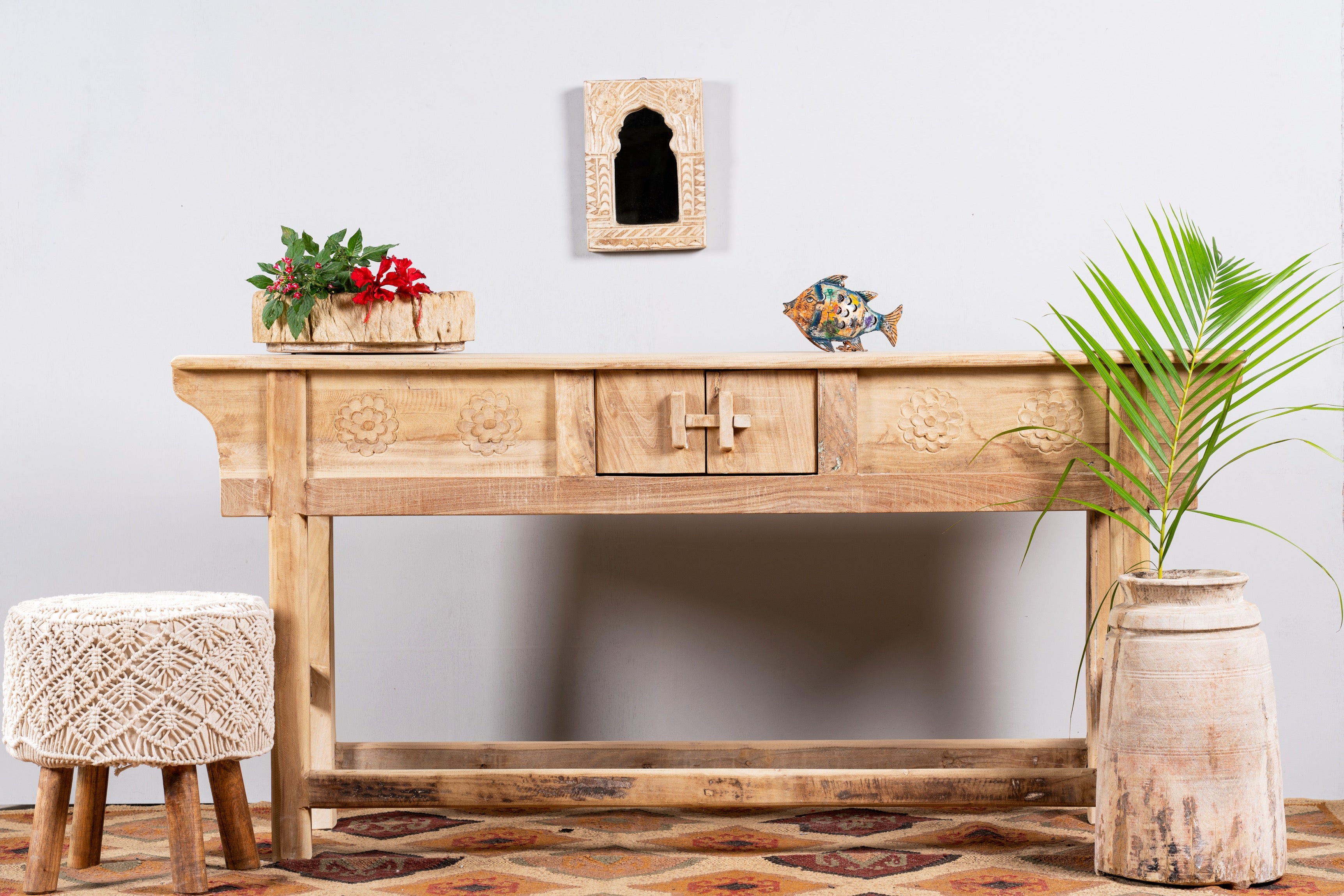 Rustic reclaimed teak console table with hand-carved detailing and hidden side compartments; sustainable furniture, 170 × 82 × 48 cm.