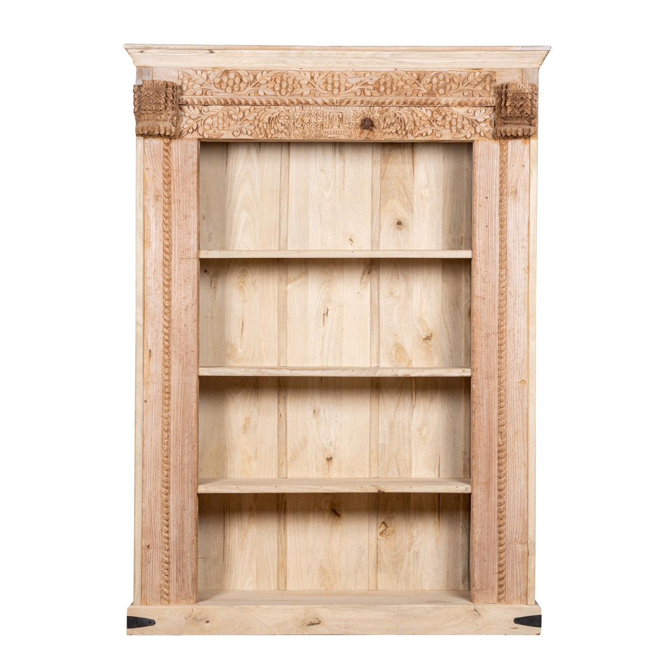 White background image of a handcrafted shelf with reclaimed teak wood frame and mango wood body – unique Indian furniture with carved detailing and rustic teak wood finish.