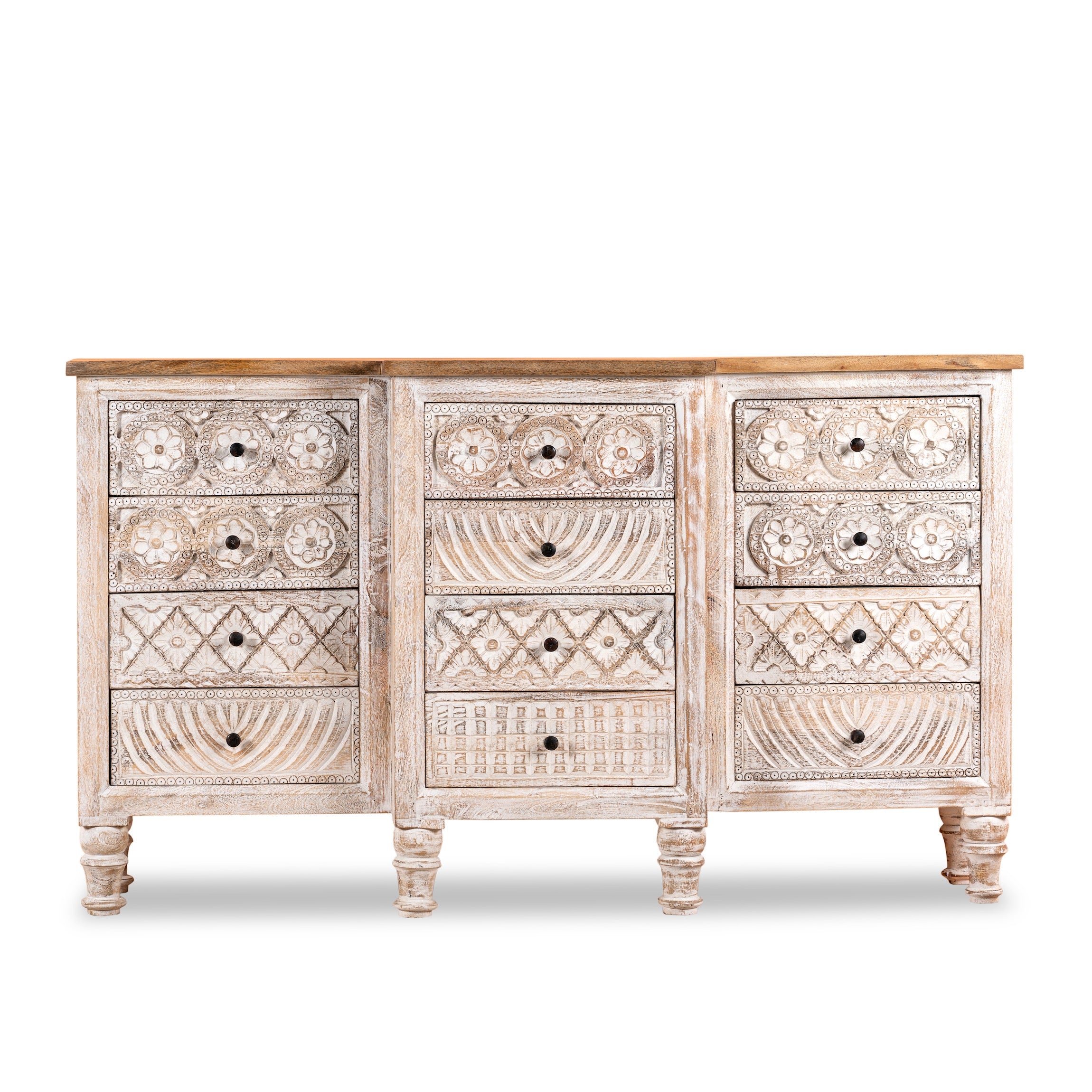 White background image of a hand-carved mango wood sideboard with lotus-inspired drawer motifs and whitewashed finish; a wood carved sideboard and unique furniture piece, 160 × 92 × 45 cm.