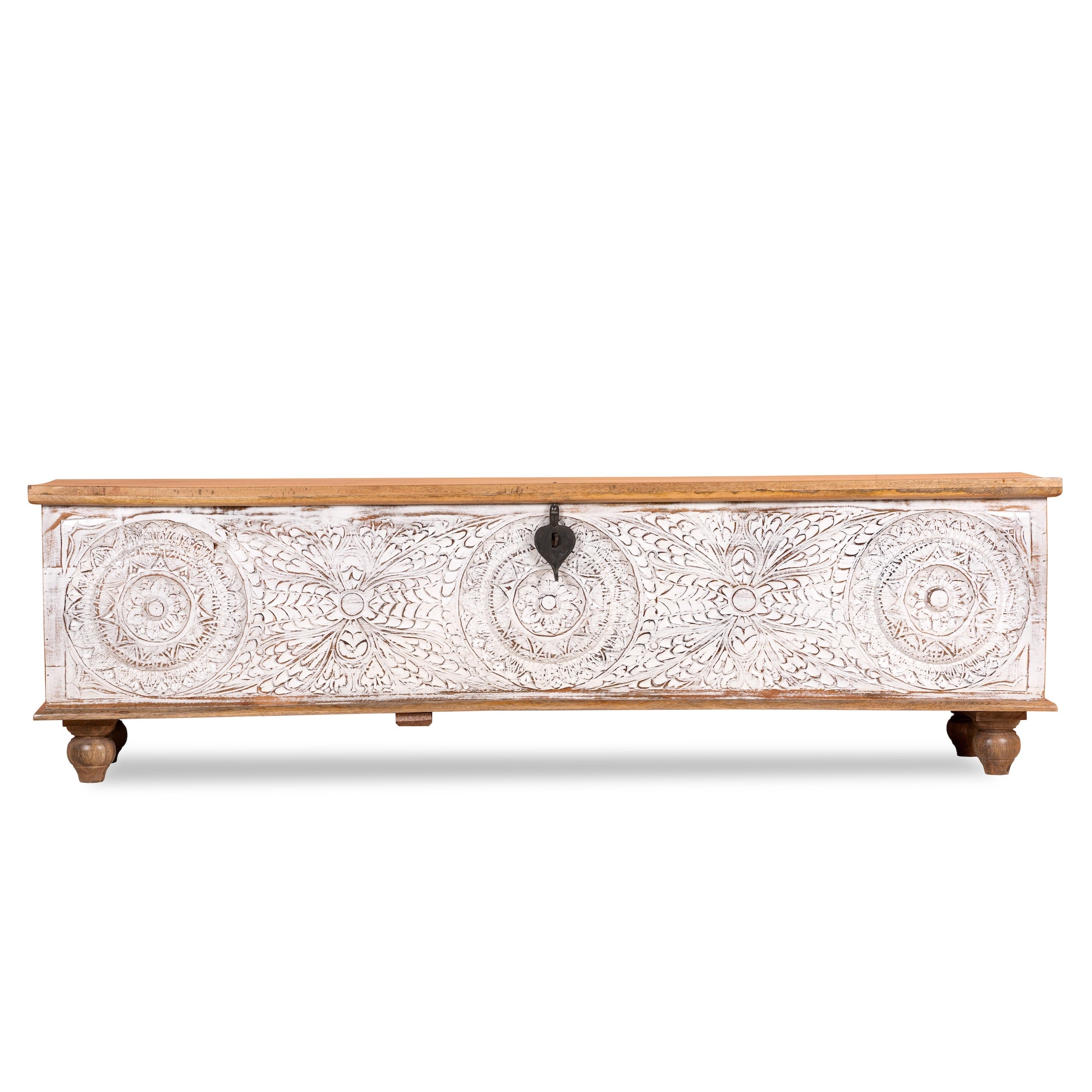 White background image of a long mango wood vintage display box and wood chest box with hand‑carved circular motifs, iron fittings and whitewashed finish; 180 × 55 × 46 cm.