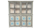 White background image of a Hand-painted reclaimed wood display cabinet with glass doors and floral blue peacock design – Aadrika model by Om Home & Garden