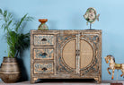 Hand painted sideboard in blue and beige with rattan door inserts; unique furniture for boho style interiors, 120 × 40 × 92 cm.