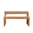 White background image of a vintage school bench set Adil from India, crafted from old teak wood, featuring a simple, sturdy design with a long bench and matching table in a natural, weathered finish, styled in a neutral-toned interior with rustic decor accents.
