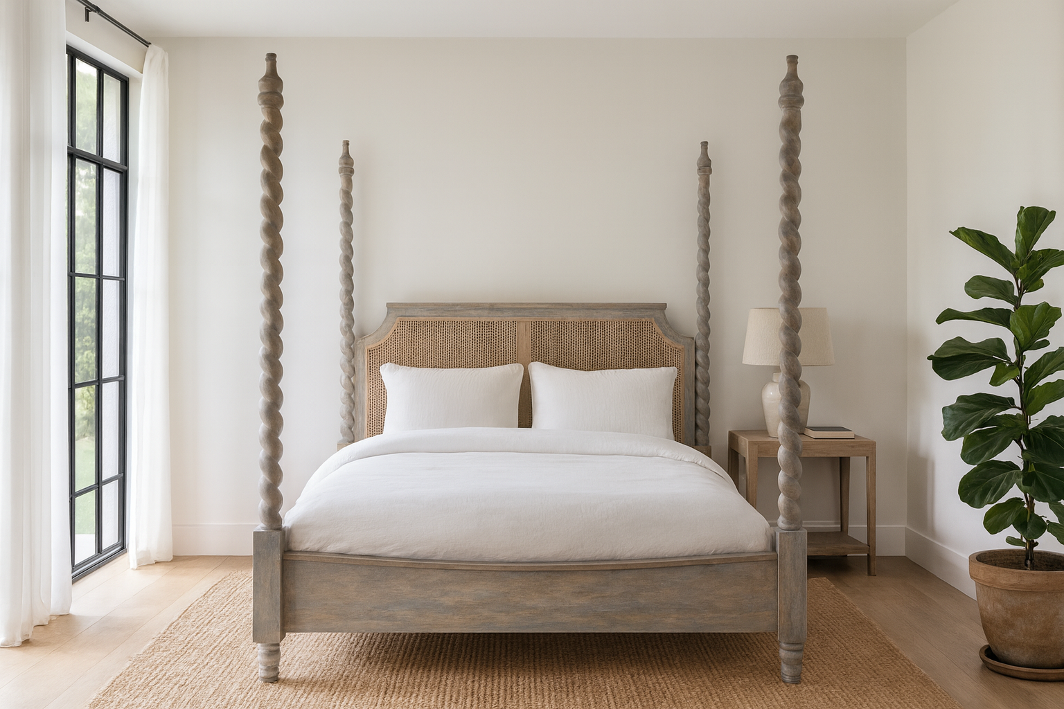 Lifestyle image of a King-size four-poster bed frame Aadinath made of solid mango wood with hand-carved twisted posts and cane-panel headboard, shown in a natural washed finish; part of a sustainable wooden canopy bed collection.