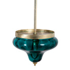 A large green glass pendant light with a brass plated frame and a metal rod attachment.