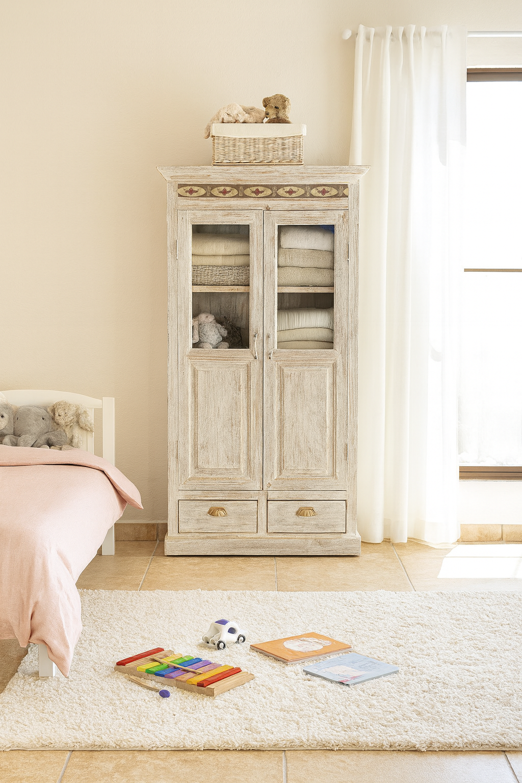 Lifestyle image of a reclaimed teak wood cabinet in shabby chic white with glass doors and ceramic inlays – dining room furniture with vintage elegance.