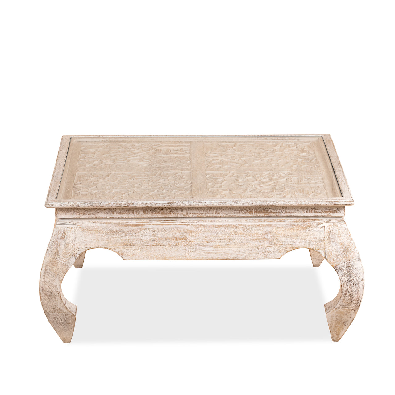 White background image of a Indian coffee table made from mango wood with Orissa-style carvings and glass top; mango wood coffee table, 90 × 90 × 30 cm.