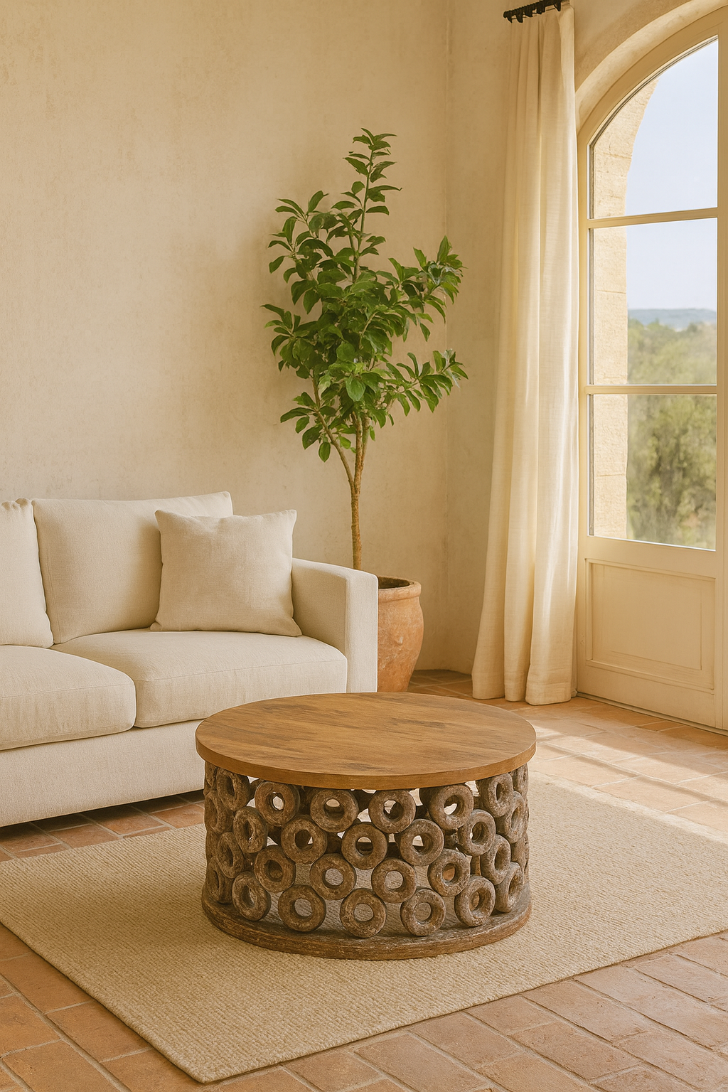 Round mango wood coffee table with carved base and natural top; vintage living room furniture, 77 cm diameter × 44 cm height.