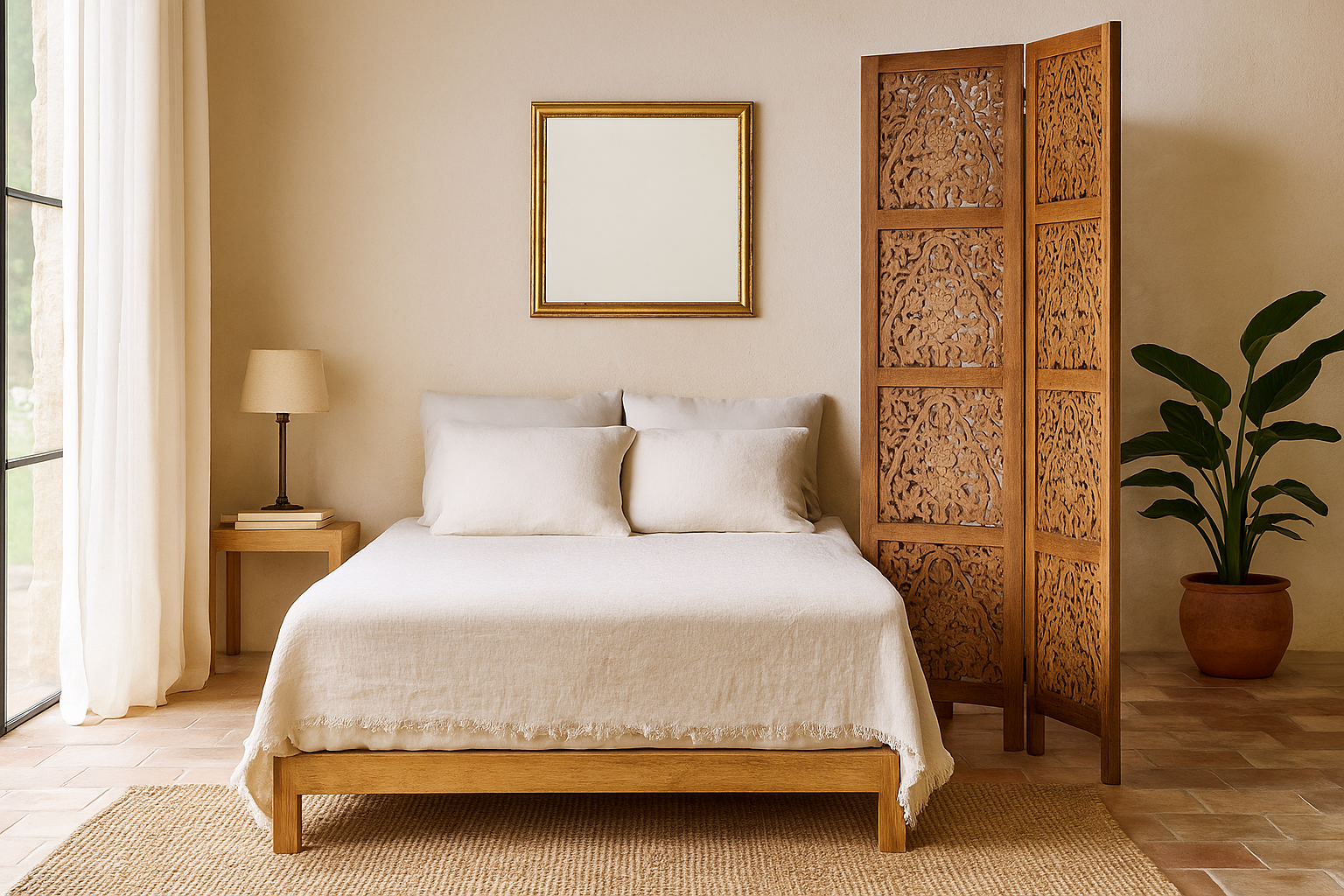 Lifestyle image of a foldable room partition made from mango wood, featuring four panels with intricate hand-carved floral and lattice designs, finished in a warm natural tone and connected by black metal hinges for flexible positioning.
