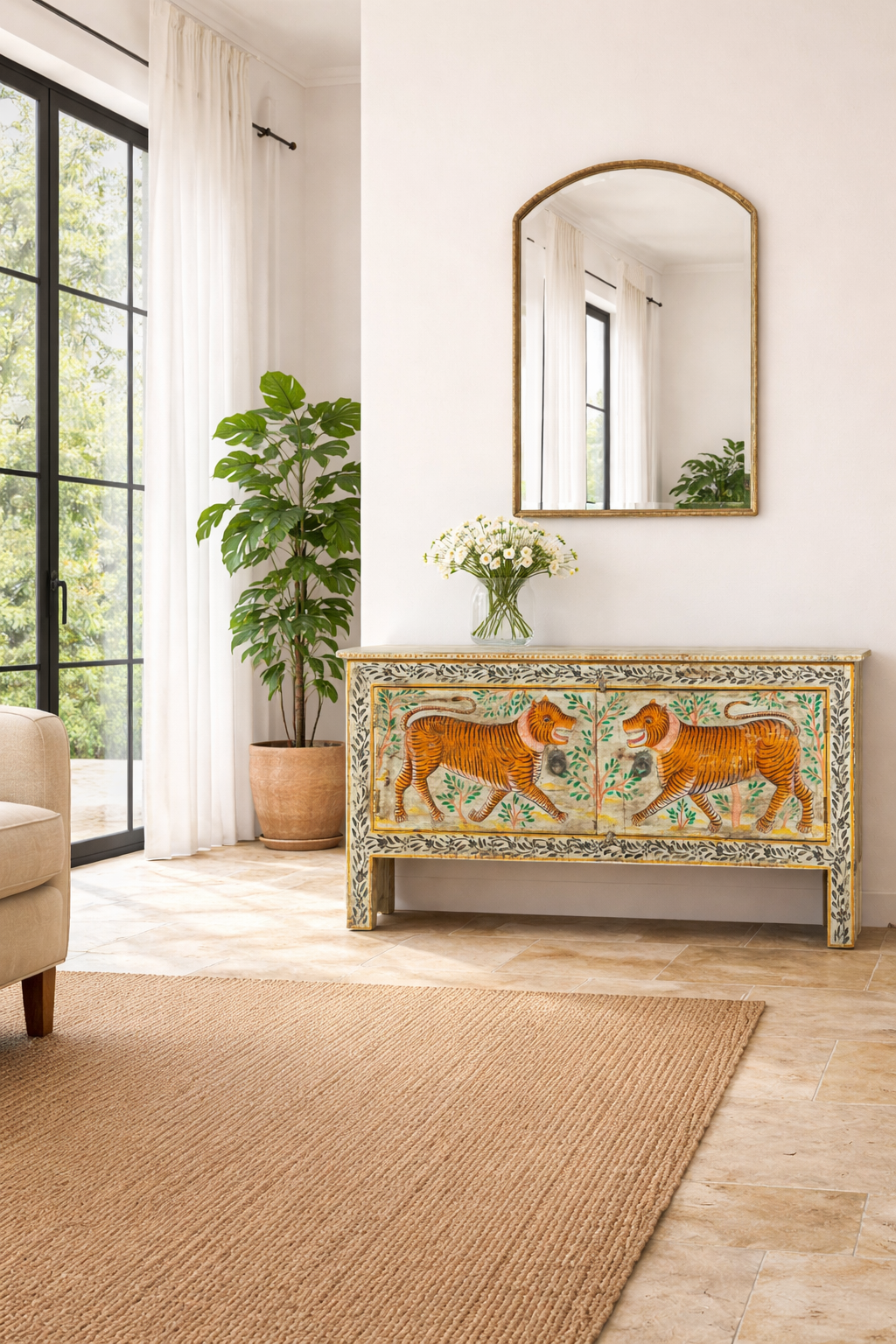 Lifestyle imagination of a reclaimed wood console table Alina in a Boho Tiger design, featuring hand-painted tigers and floral details. A bold piece of artisanal furniture perfect for colourful and eclectic bohemian interiors.
