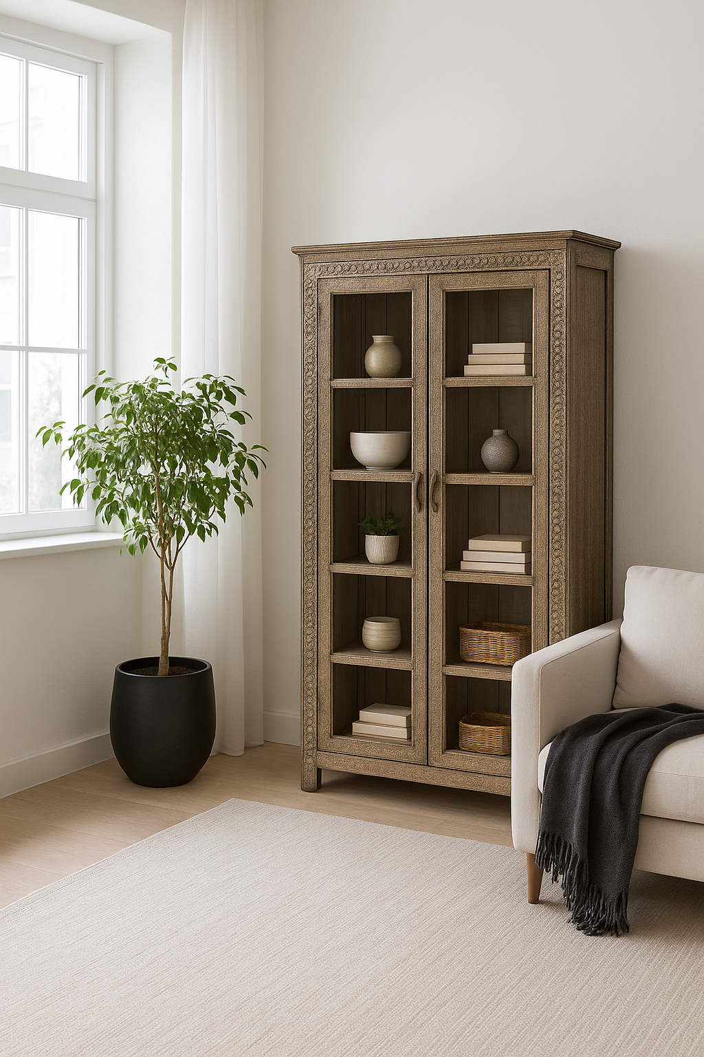 Life style idea of a handcrafted display cabinet made from reclaimed Teak wood with glass doors and Sanskrit motifs; sustainable and unique wooden furniture, 182 × 93 × 42 cm.