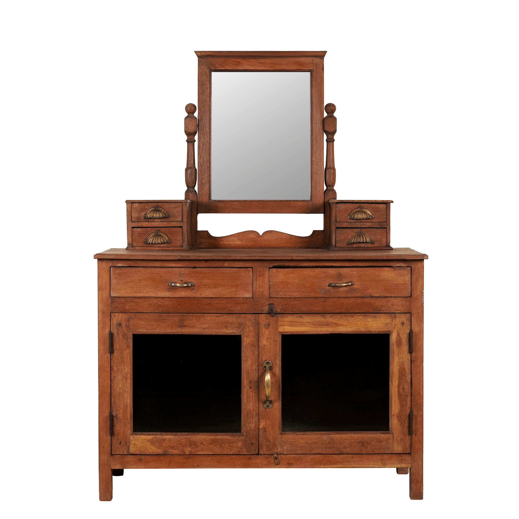 White background image of a restored antique cosmetic table in teak wood with hand-carved details; teak wood furniture for bohemian interiors, 105 × 56 × 148 cm.