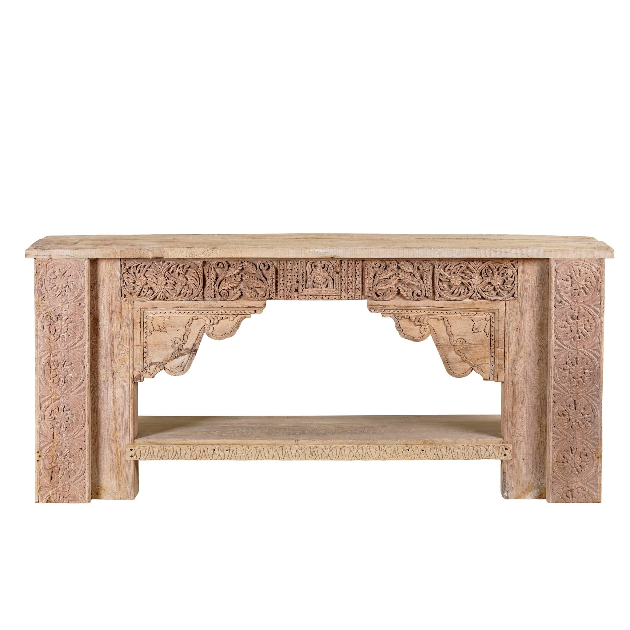 White background image of a antique teak console table made from reclaimed wood with hand-carved floral and geometric panels, 183 × 40 × 82 cm.