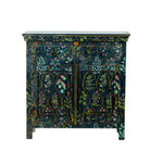 White background image of a hand painted cupboard made from recycled wood with floral motifs, two drawers and two doors, 90 × 90 × 40 cm.