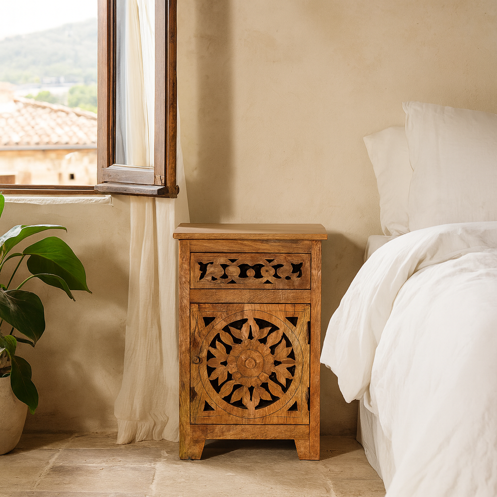 Mango wood bedside tables with floral and geometric carvings; natural finish mango wood furniture ideal for bedroom furniture, 45 × 65 × 35 cm.
