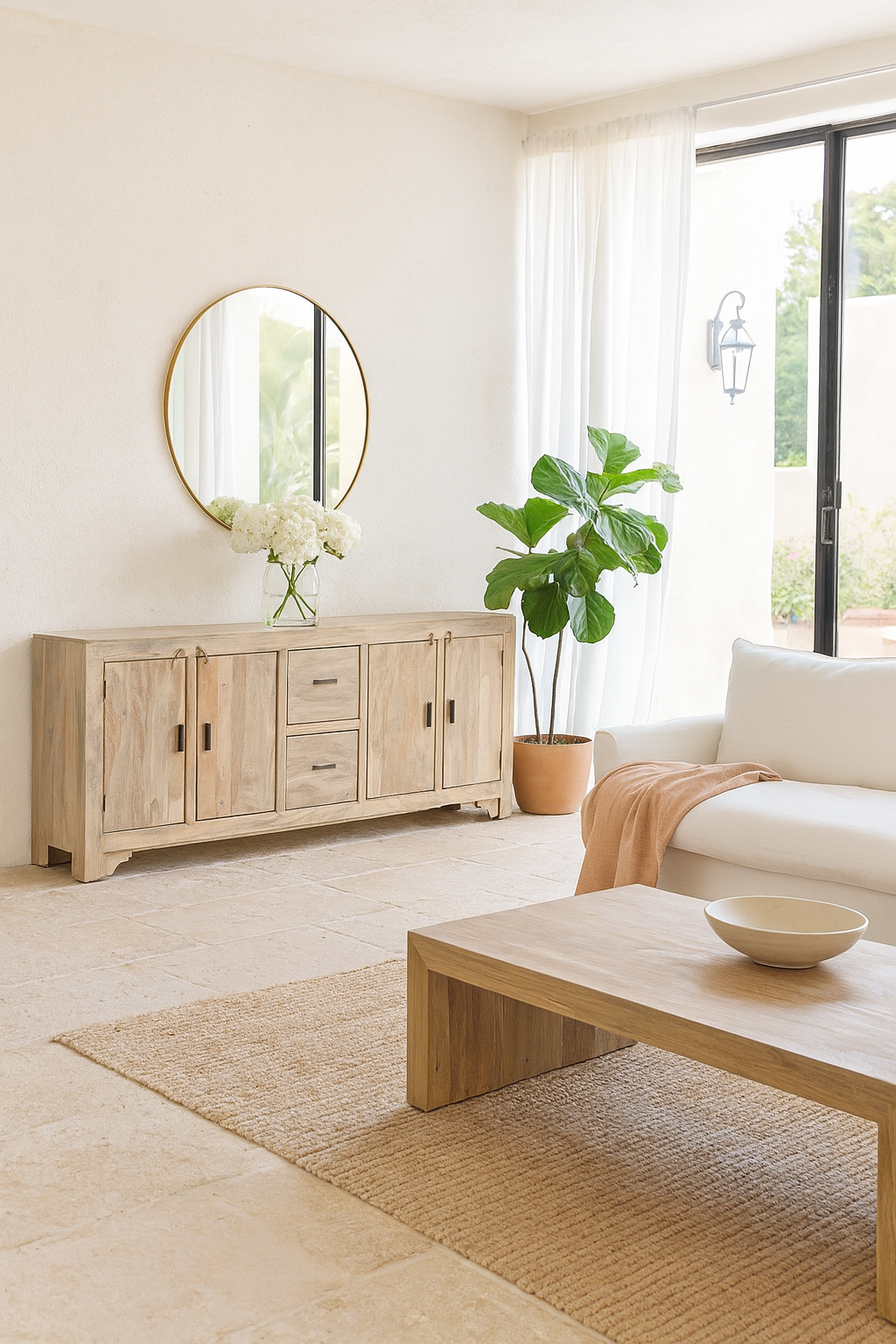 Wooden sideboard sandblasted Ibiza style with multiple doors and drawers in a living room scene.