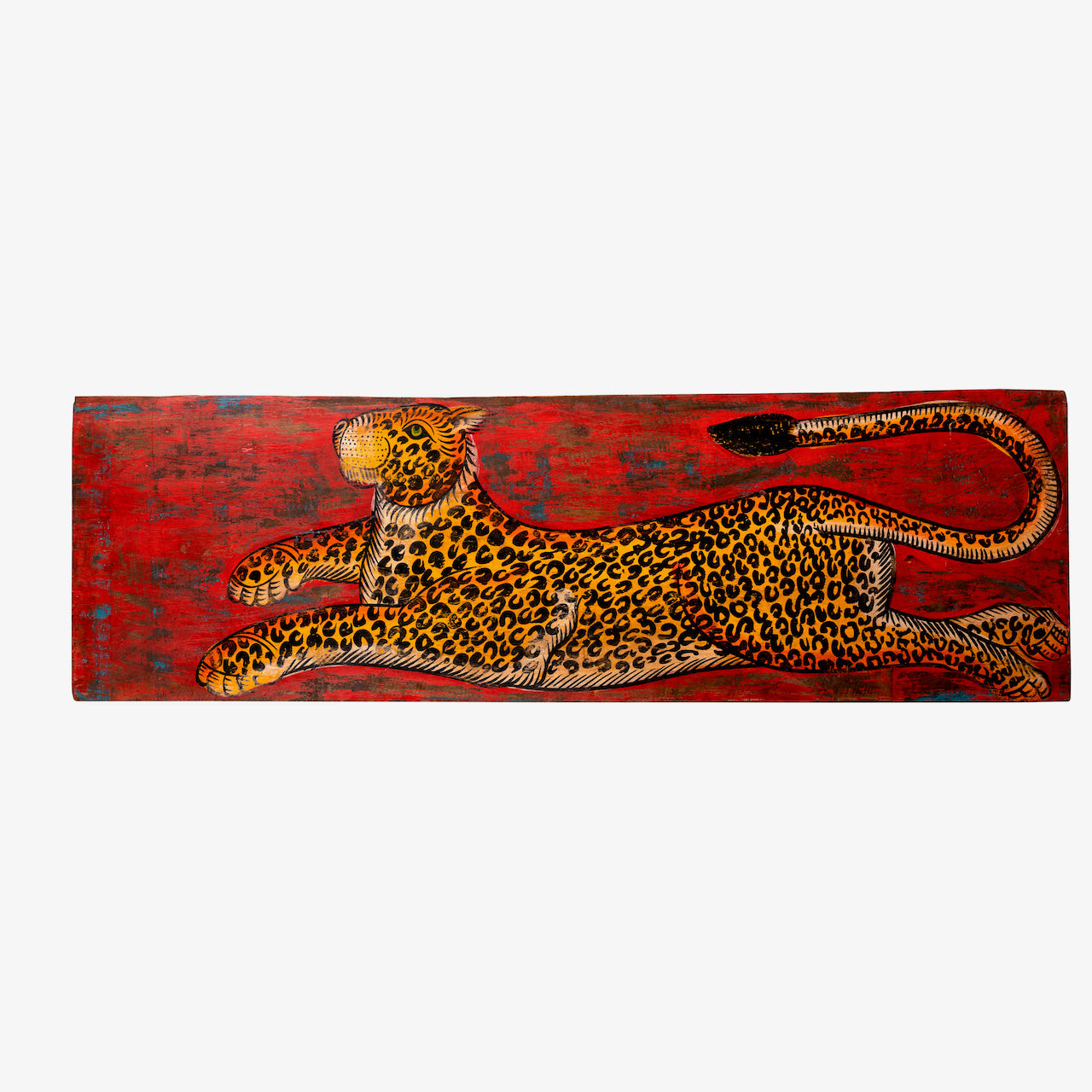 White background image of a Arbuda hand painted wall panel featuring a vivid Indian tiger on reclaimed teak wood—an expressive tiger wall decoration and artisan-crafted tribute to Indian wildlife.