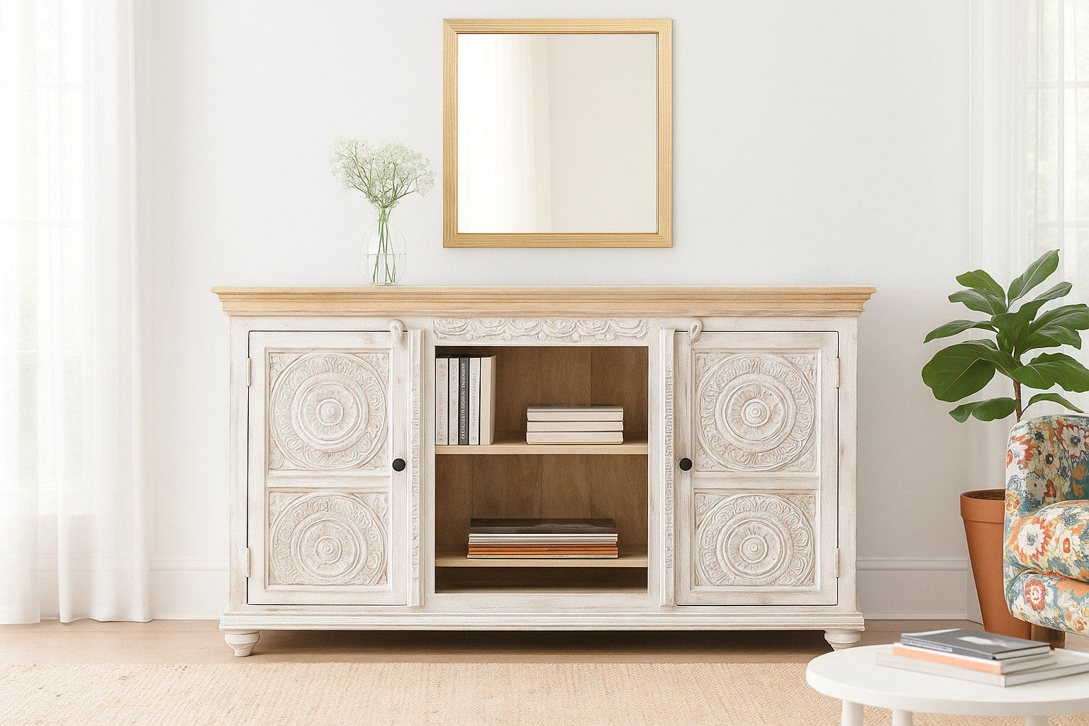 Lifestyle image of a carved mango wood console table with Indian motifs and natural finish; vintage furniture with 3 compartments and 2 drawers, 150 × 75 × 40 cm.