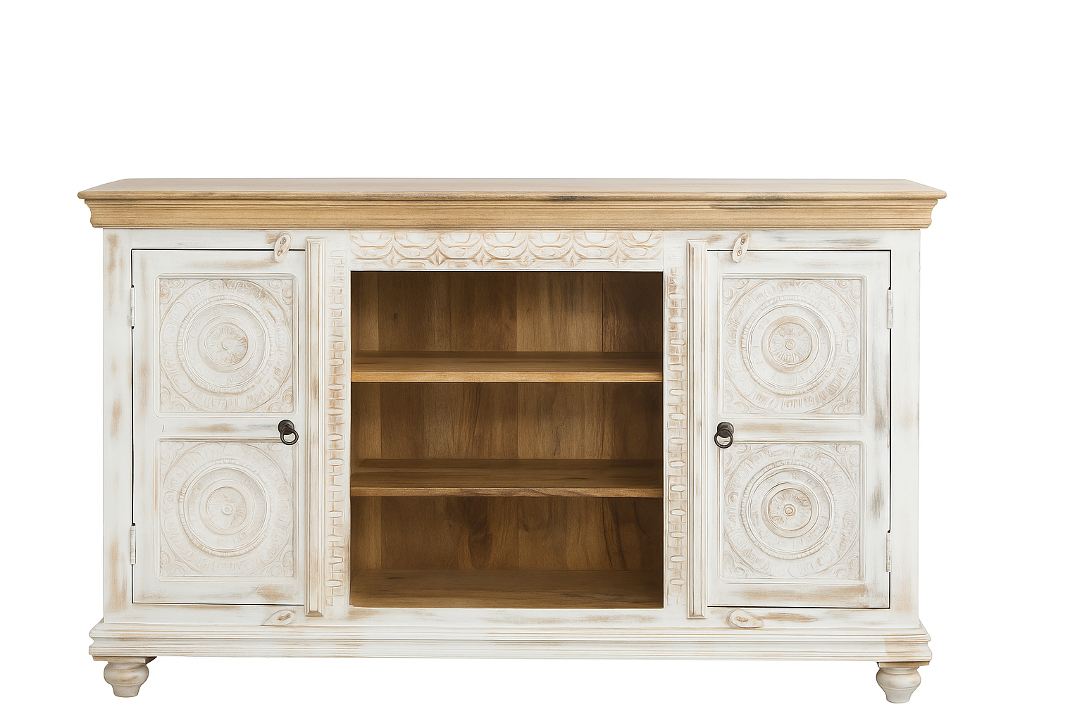 White background image of a carved mango wood console table with Indian motifs and natural finish; vintage furniture with 3 compartments and 2 drawers, 150 × 75 × 40 cm.