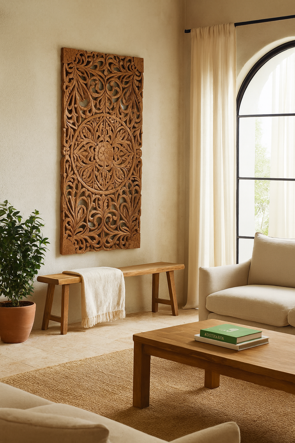 Lifestyle scene with a hand-carved mango wood wall panel with intricate floral design and natural finish – Aruna model by Om Home & Garden
