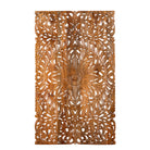 White background image of a hand-carved mango wood wall panel with floral motifs in natural finish – Arvavasu model by Om Home & Garden