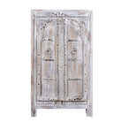White background image of a handcrafted cabinet with reclaimed Indian window frame doors, white-washed finish, and iron accents – vintage home decor with teak furniture appeal.